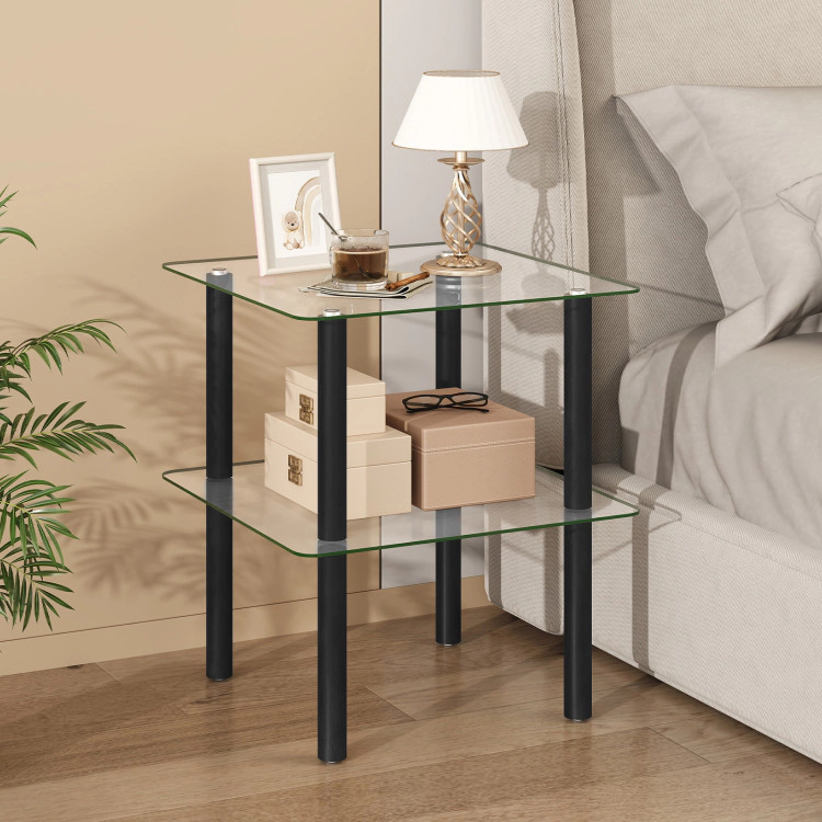 Hivvago 2-Tier Square End Table With Shelf And Clear Tempered Glass Top