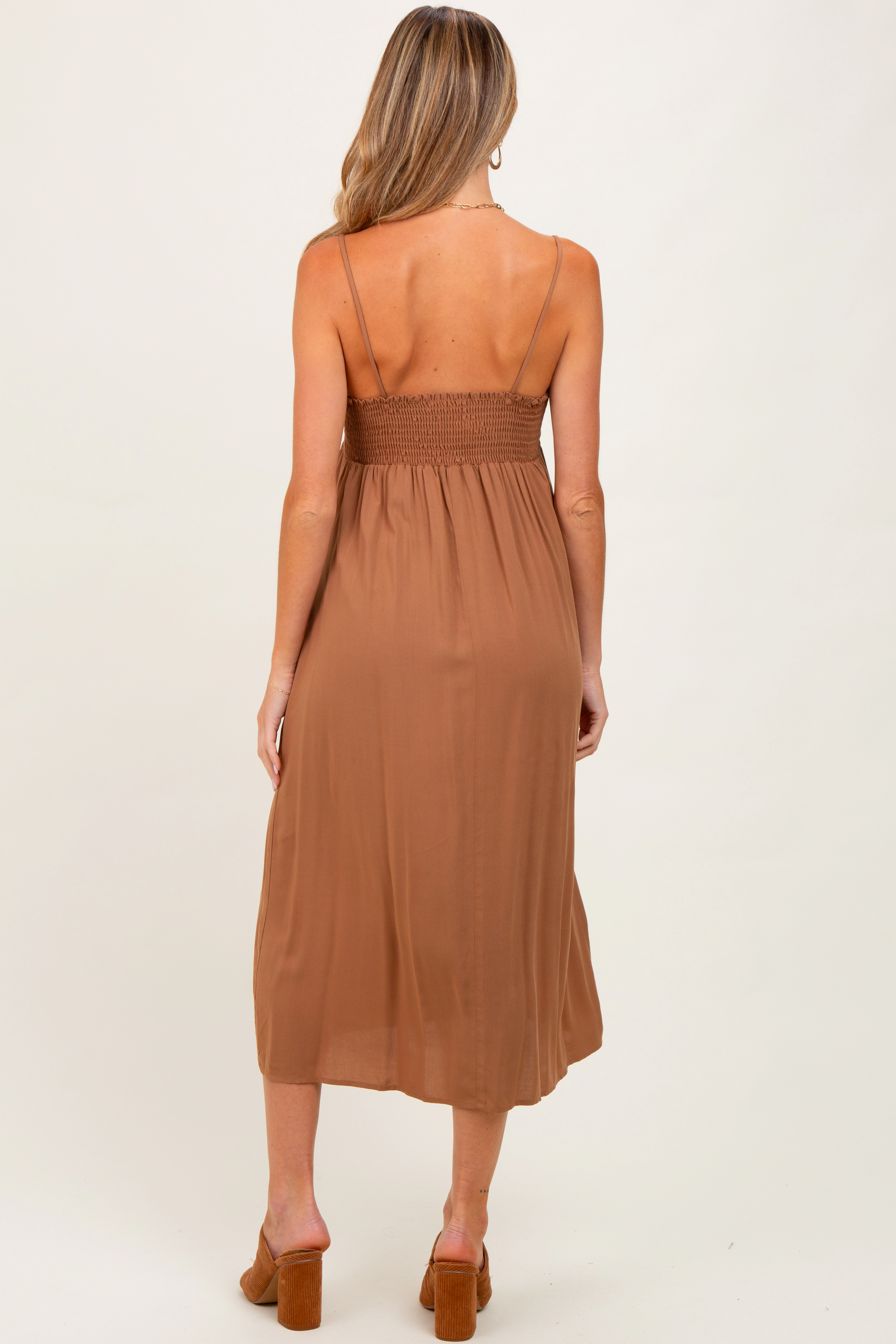 PinkBlush Womens Camel Front Tie Sleeveless Maternity Midi Dress