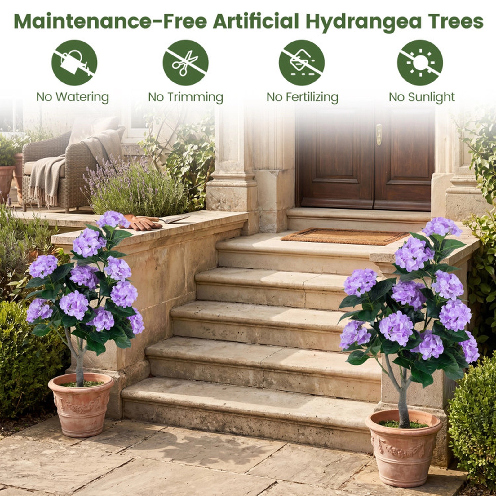 SUGIFT 43.5-in Artificial Hydrangea Tree 2-Pack with 11-Flower Clusters and Cement-Filled Flower Pots Purple