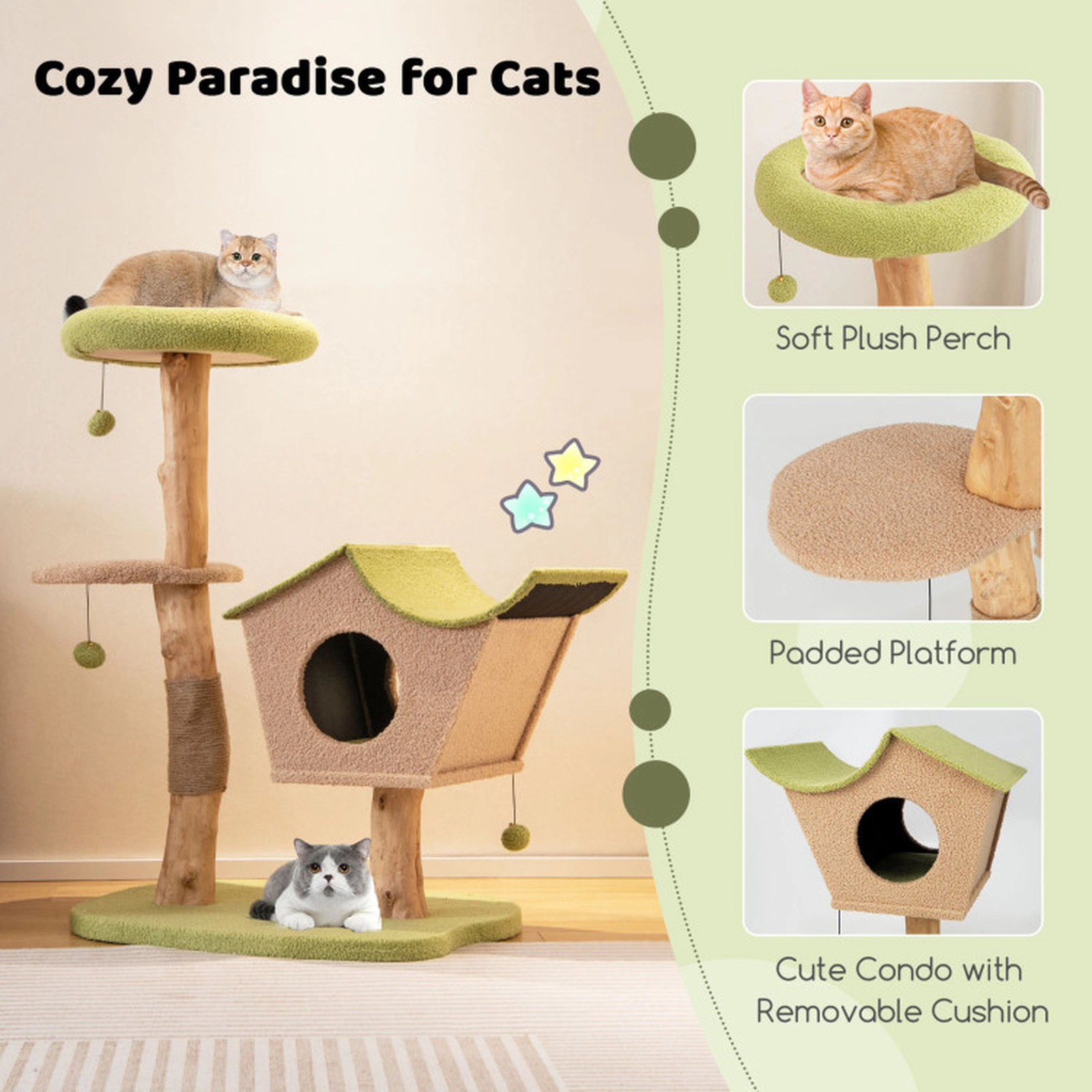 SUGIFT 43-in Wooden Cat Tree with Vented 2-Entry Condo Padded 17-in Top Perch Jute Posts and Bell Toys