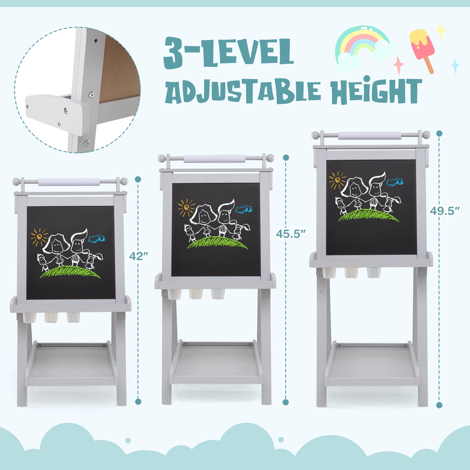 SUGIFT 3-in-1 Double-sided Kids Art Easel with Chalkboard and Magnetic Whiteboard 33-lb Tool Tray Capacity 3+ Years Gray