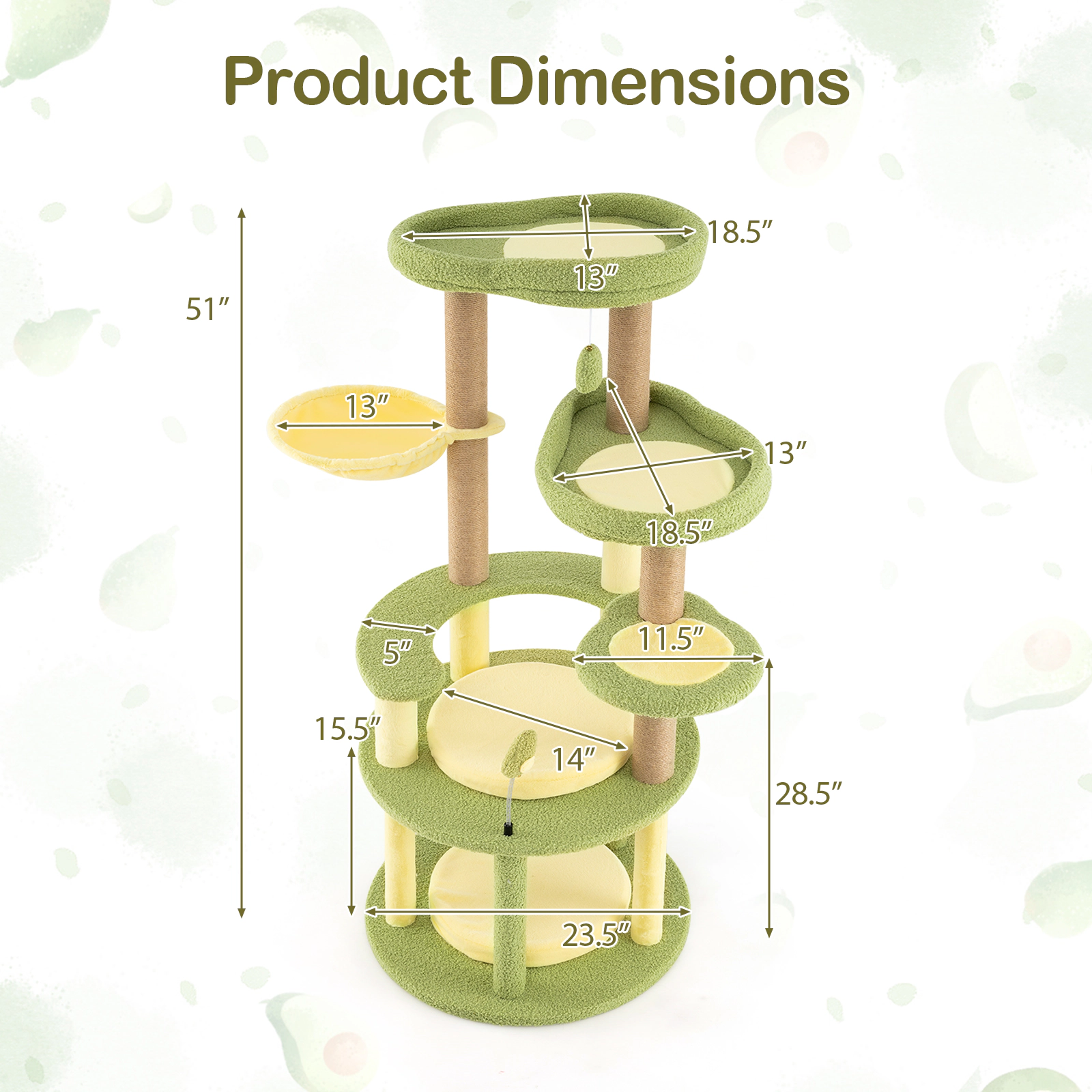 SUGIFT Multi-level Avocado Theme Cat Tree Tower with Wide Perch and Rotatable Basket 51-in Tall Multi-color Green