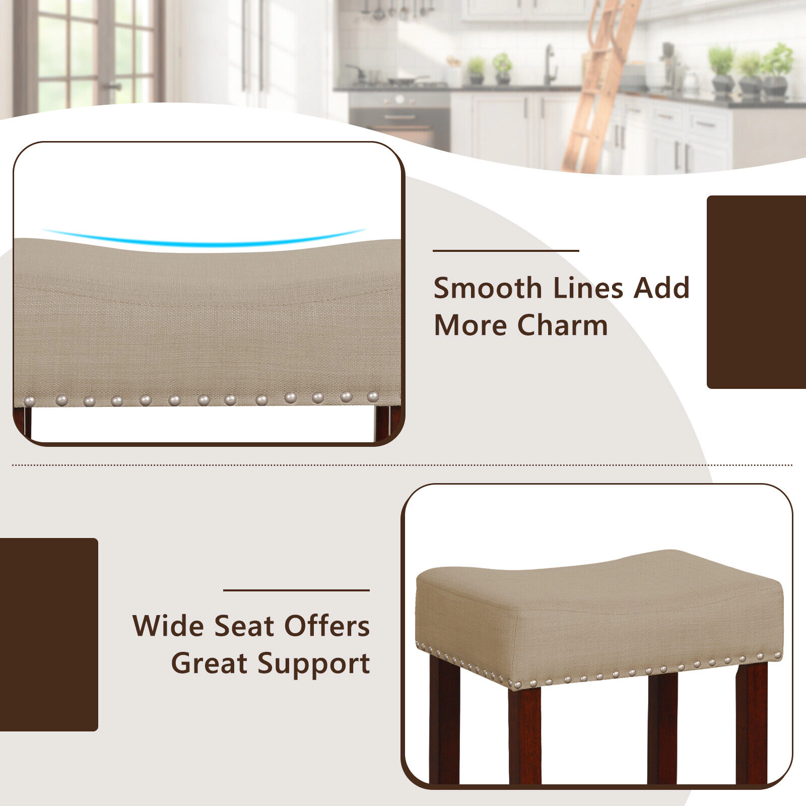SUGIFT Set of 2 Beige 29.5-Inch Backless Bar Stools, Padded Linen Seats, Rubber Wood Legs