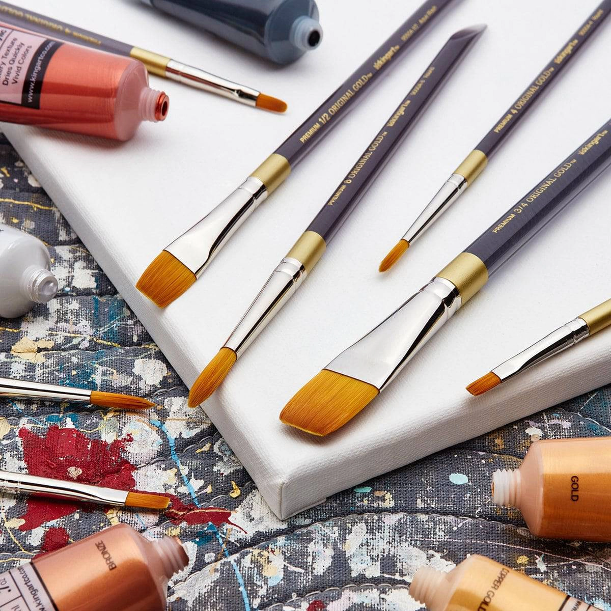 KINGART Original Gold Golden Taklon Brush Set 12 pc - Acrylic Handle, All-Media