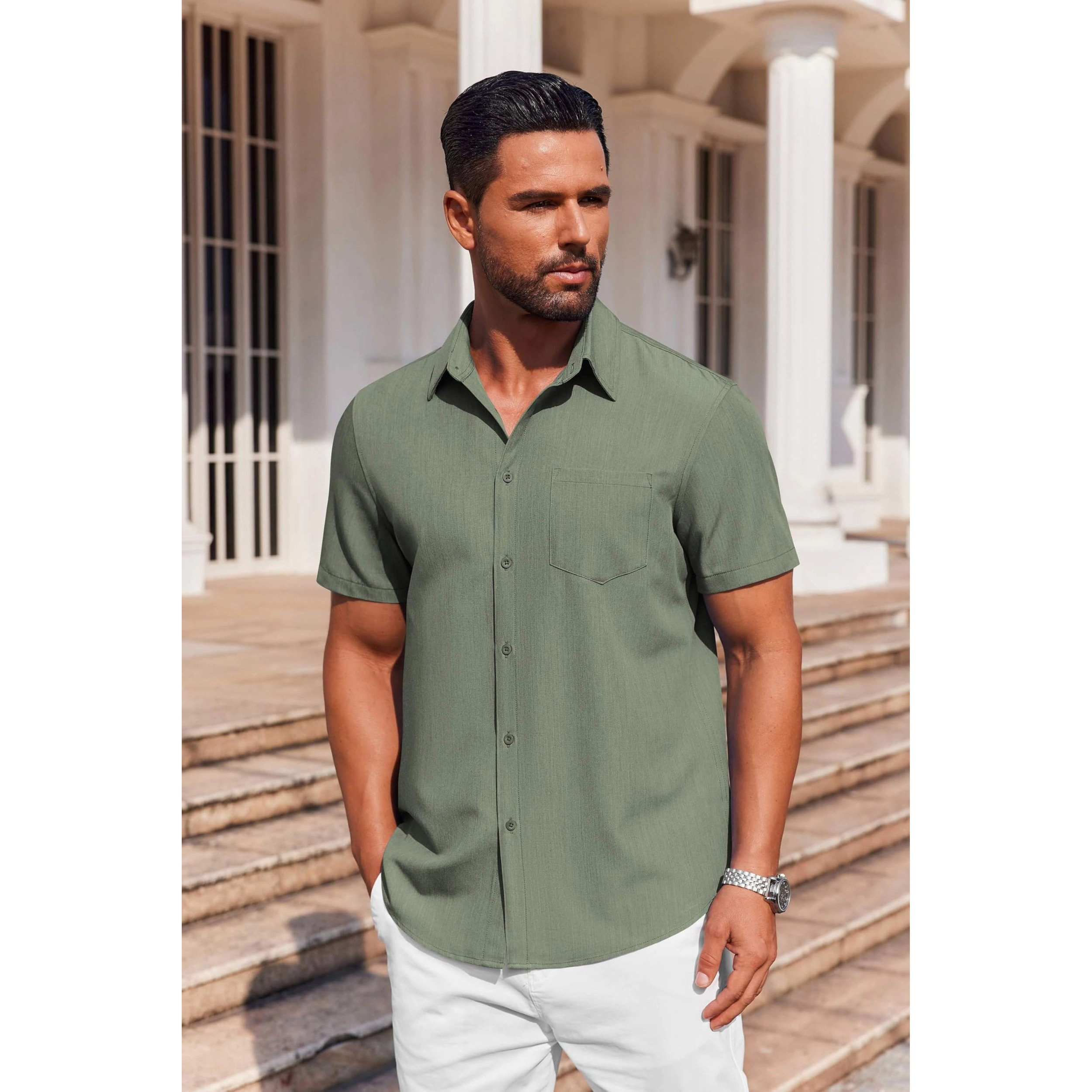 COOFANDY Mens Short Sleeve Button Down Shirt  Lapel Collar Pocket Casual Tops