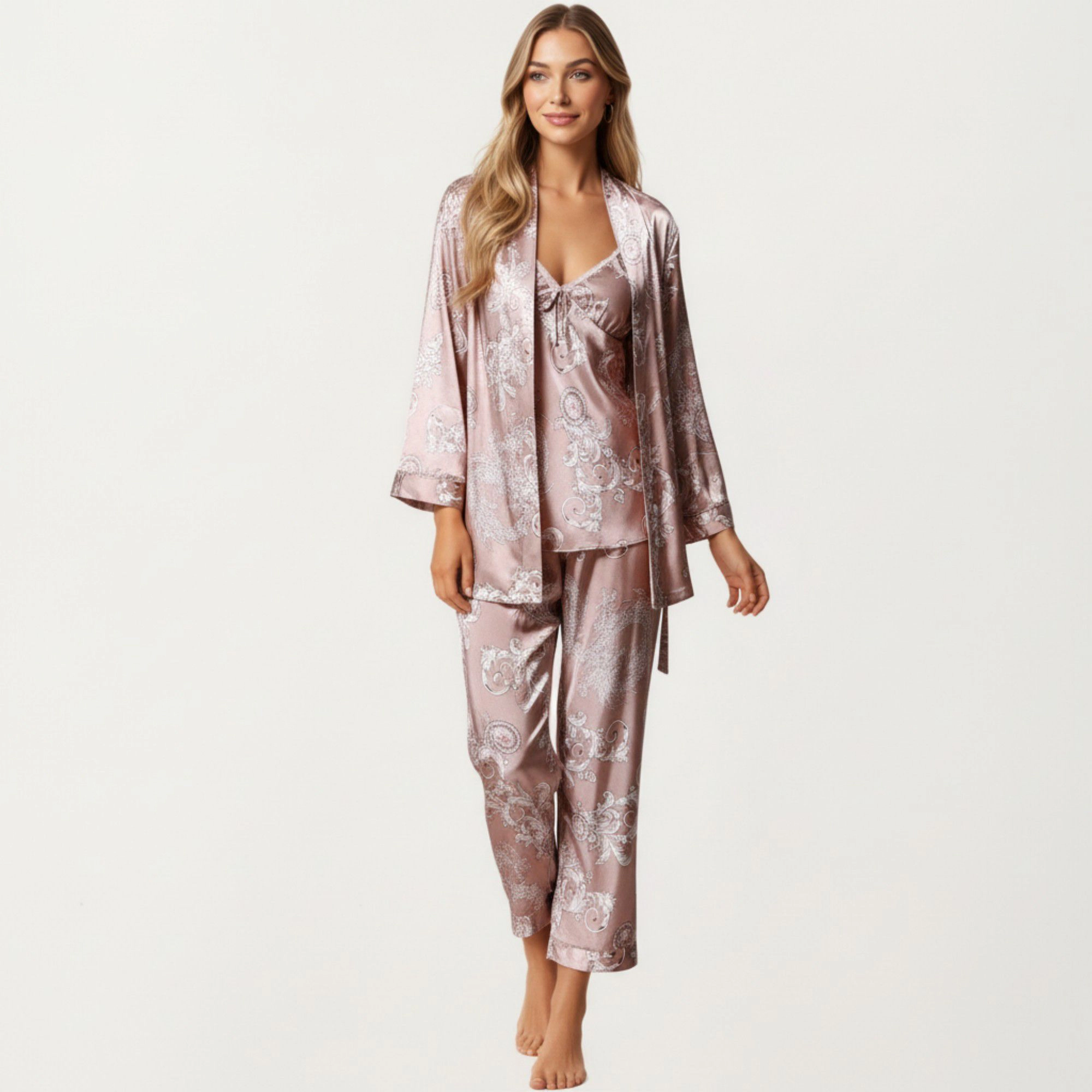 Anna-Kaci Women's 3-Piece Satin Baroque Print Pajama Cami with Matching Robe and Relaxed Straight Leg Pants