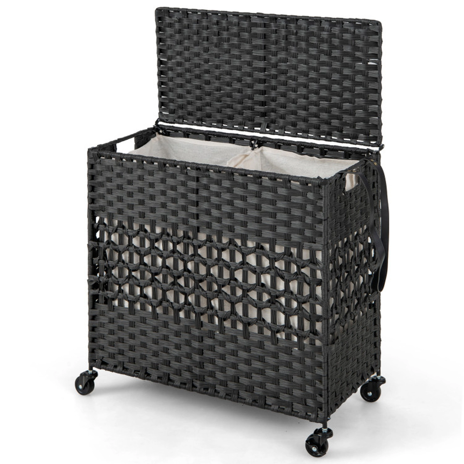 SUGIFT Black 110L 2-Section Rolling Laundry Sorter Hamper with Lockable Wheels and Washable Liners