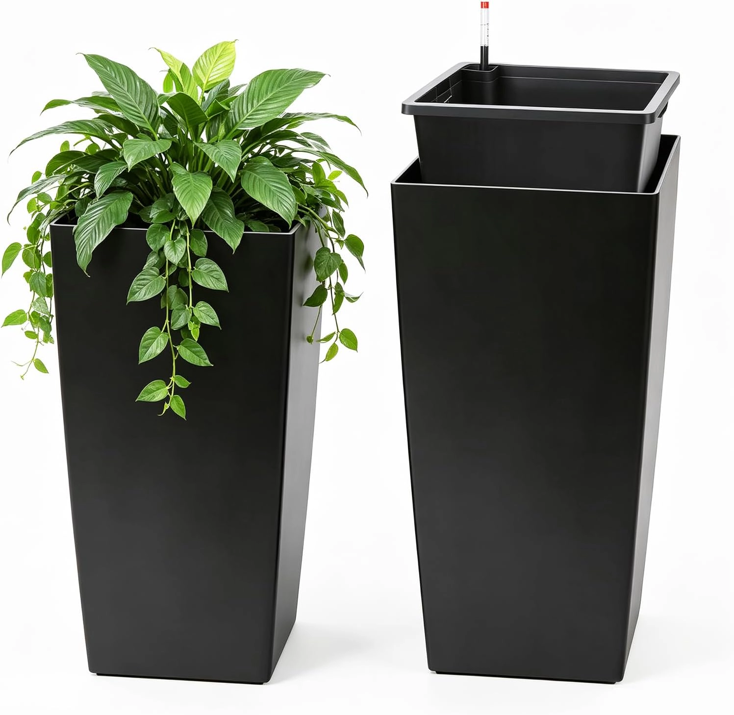 Set of 2 Tapered Planters 30" Tall, Modern White Plastic with Drainage & Drip Tray, Outdoor Patio Porch Garden Decor
