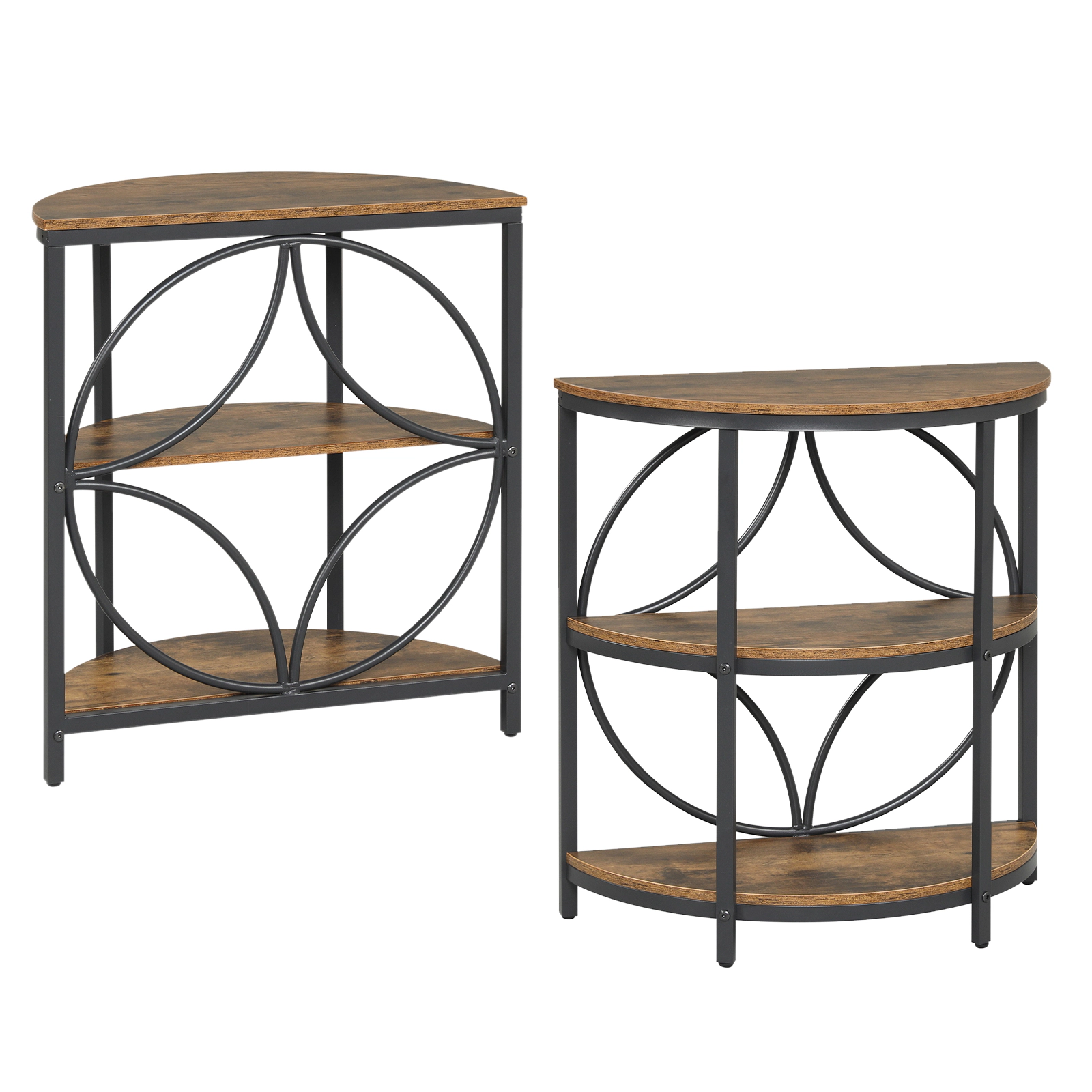 SUGIFT Set of 2 26-Inch Narrow Half-Round Side Tables with 3-Tier Storage Shelves and Metal Frames