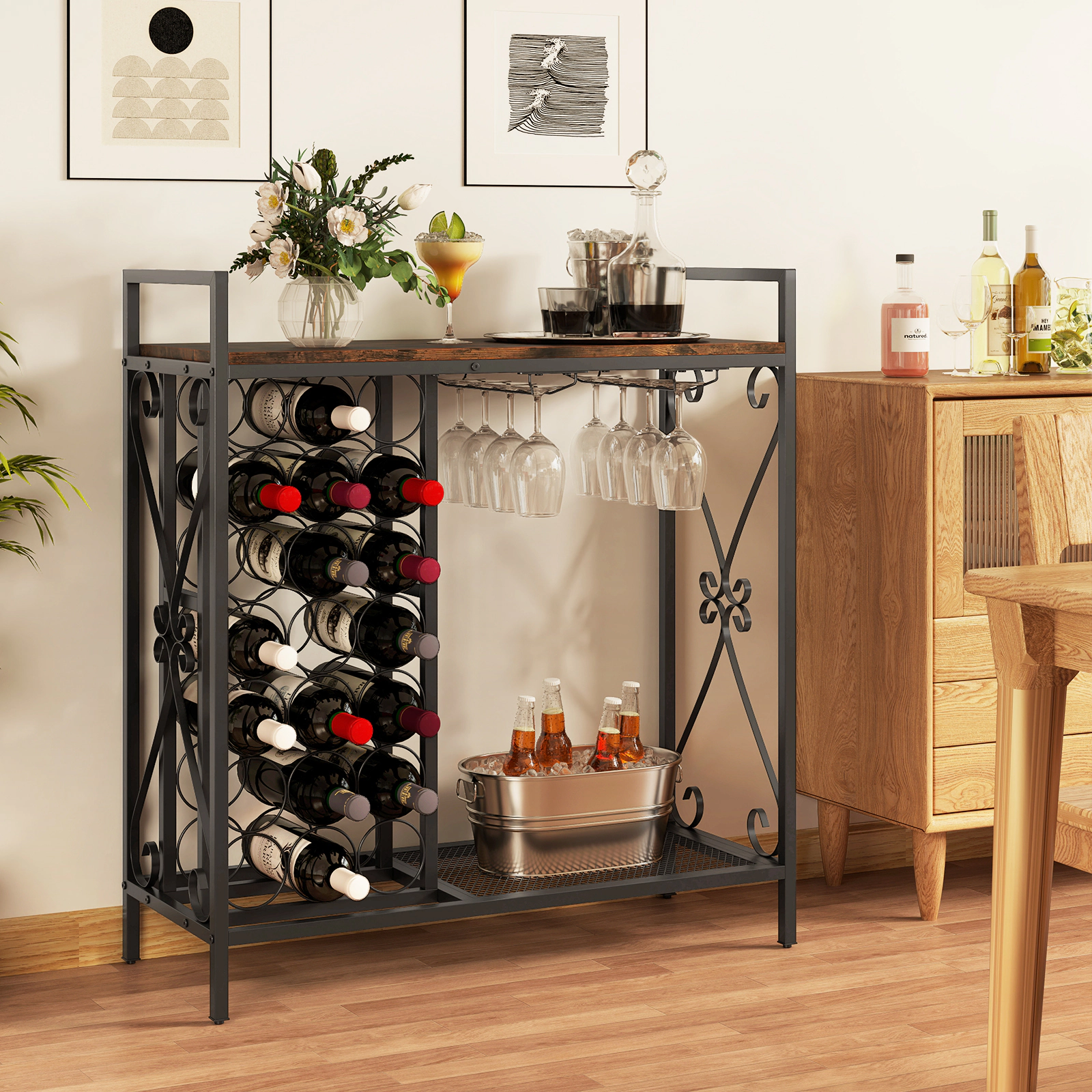 SUGIFT 21 Bottle Wine Rack Rustic Brown Freestanding Floor Organizer with Glass Holder