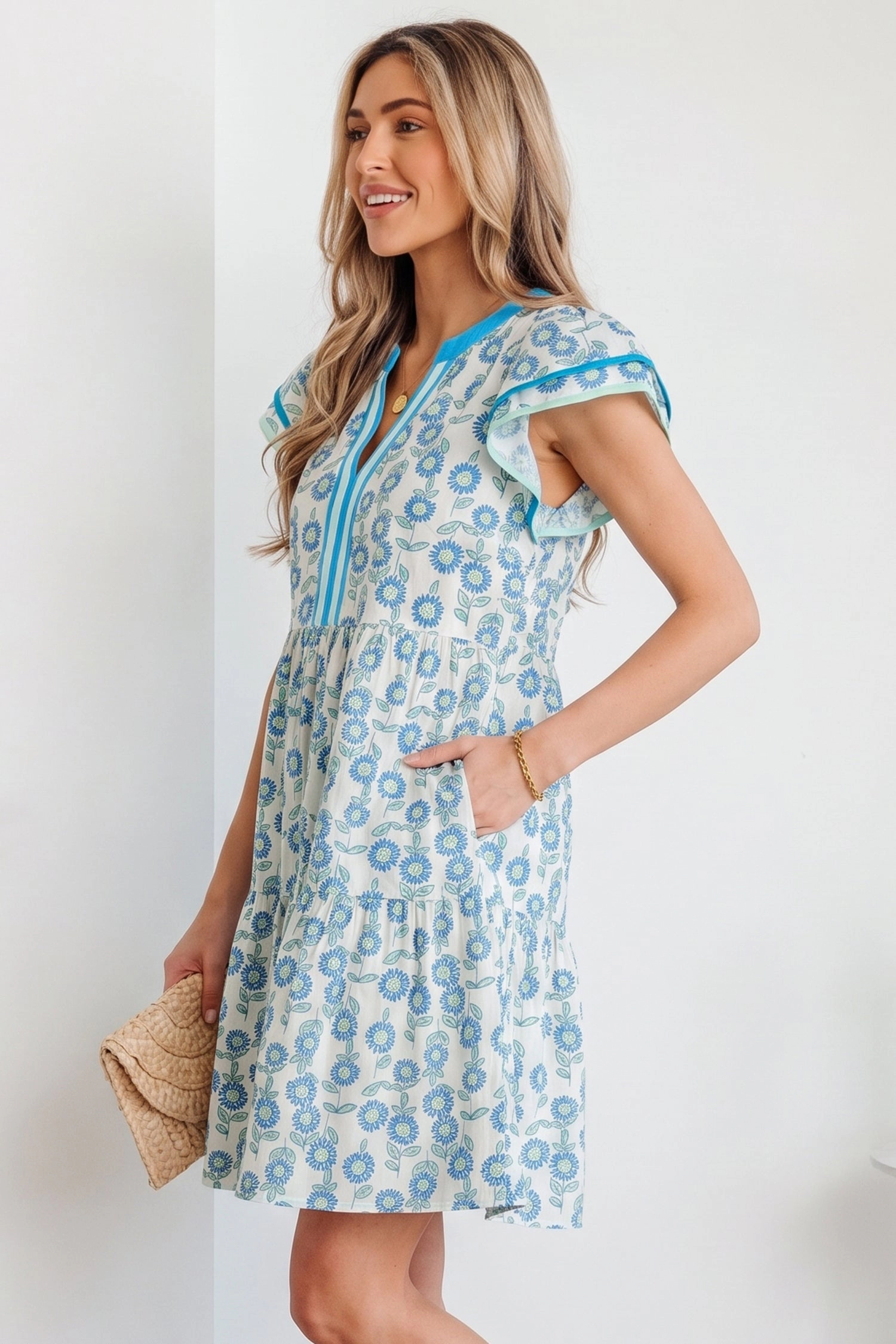 Threaded Pear Womens Marlowe Flutter Sleeve Mini Dress - Sunflower Print Sky Blue