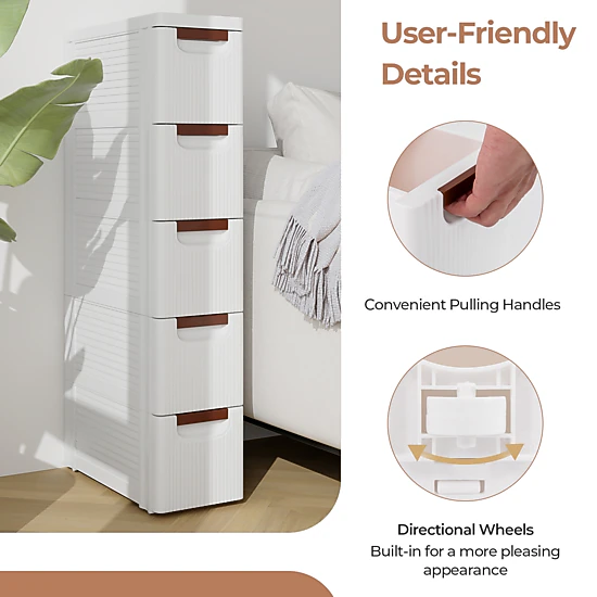 SUGIFT 5-Drawer Rolling Storage Cabinet Organizer Built-In Wheels 11-lb Top Capacity 16.5-in Wide White/Multicolor