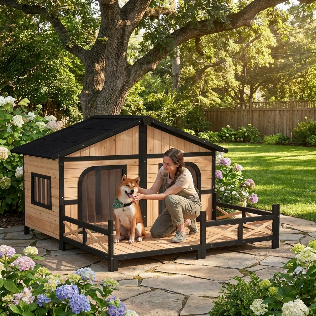 212 Main 59 x 64 x 39 in. Large Wooden Dog House, Natural Wood