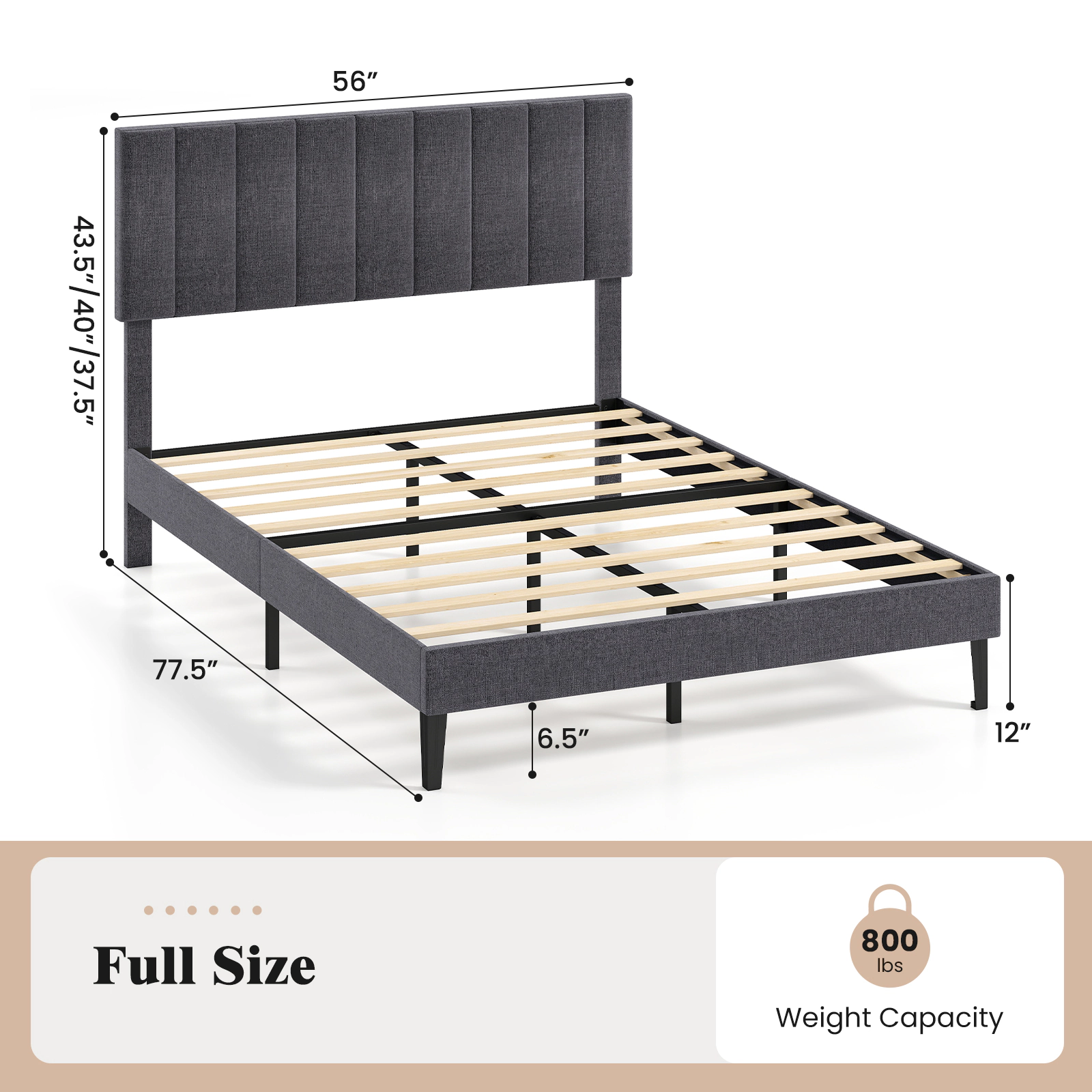 SUGIFT Height Adjustable Vertical Channel Headboard Platform Bed 800-lb Capacity Full Size Gray Velvet Upholstery