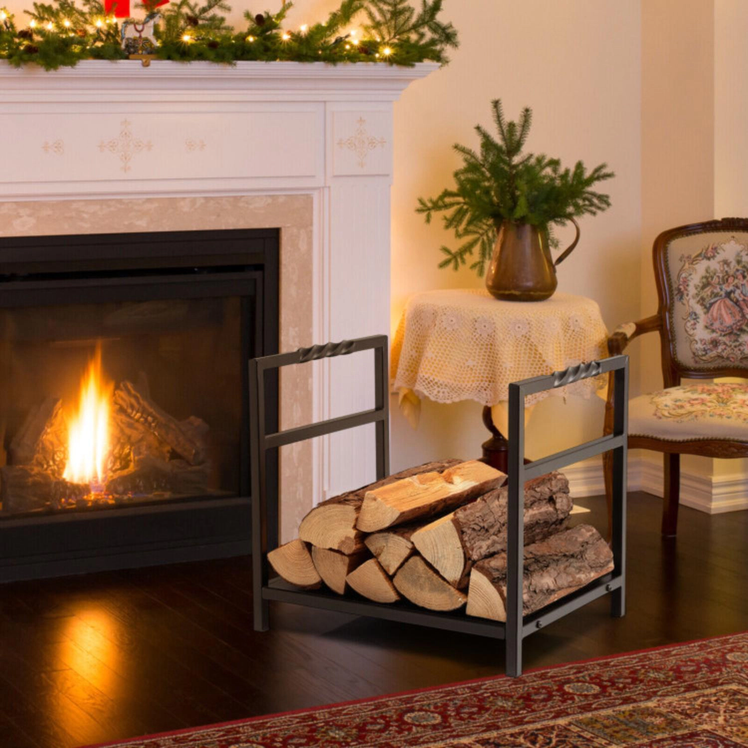 Hivvago Firewood Log Rack With Unique Handle And Raised Feet-Black