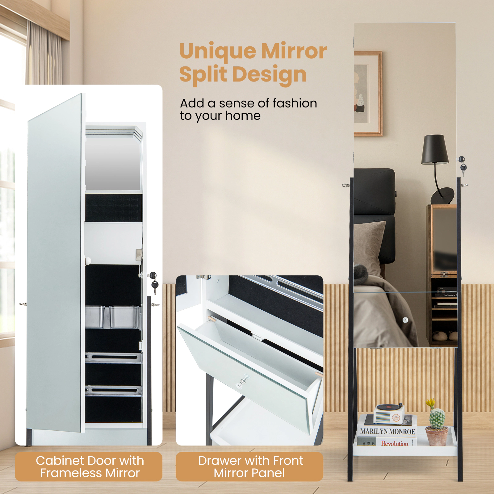 Slickblue 65 Inch Freestanding Lockable Jewelry Cabinet with Full-Length Mirror, LED Lights and Storage Drawer