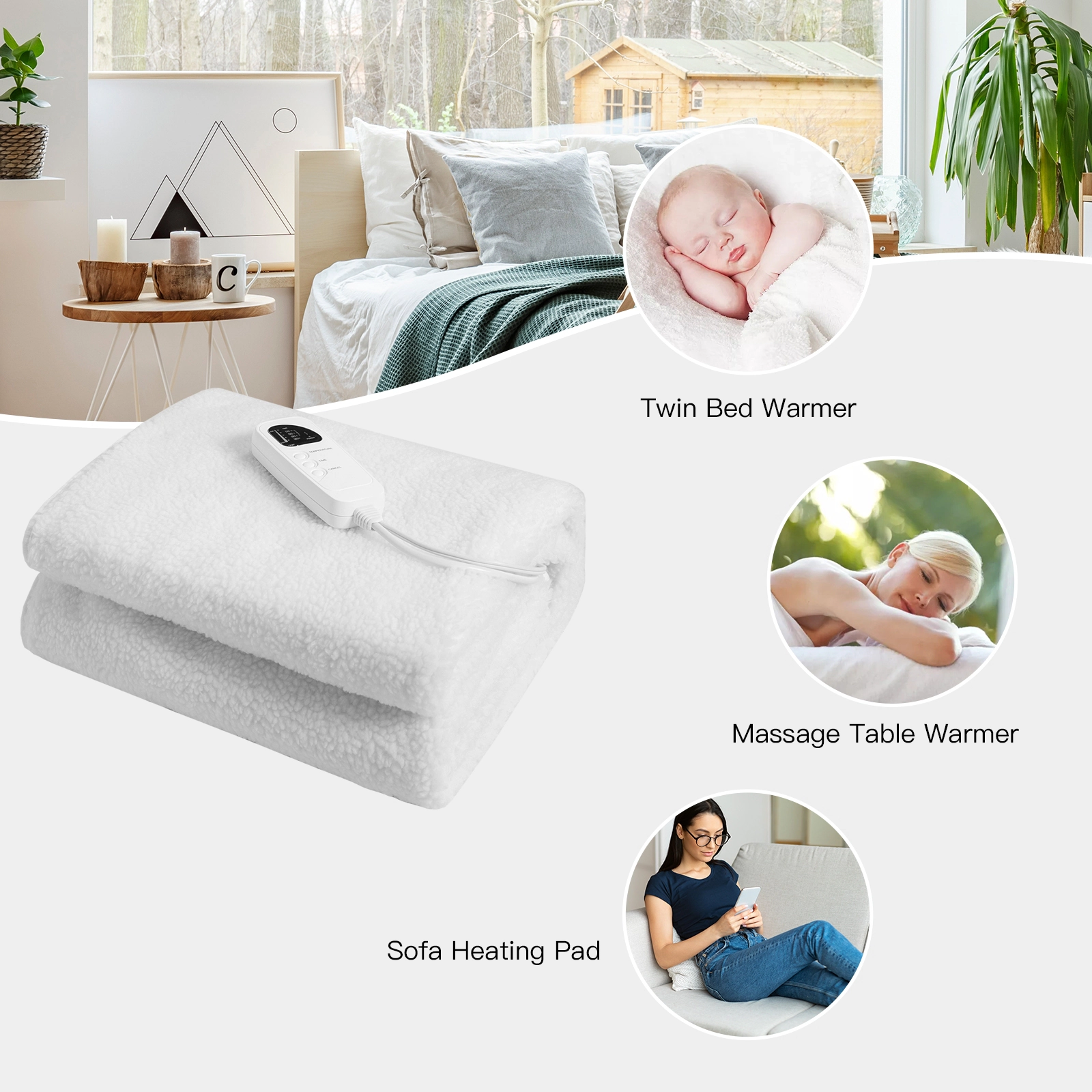 SUGIFT 71 x 30 Inch Massage Bed Warmer White Heating Pad with 5 Heat Settings