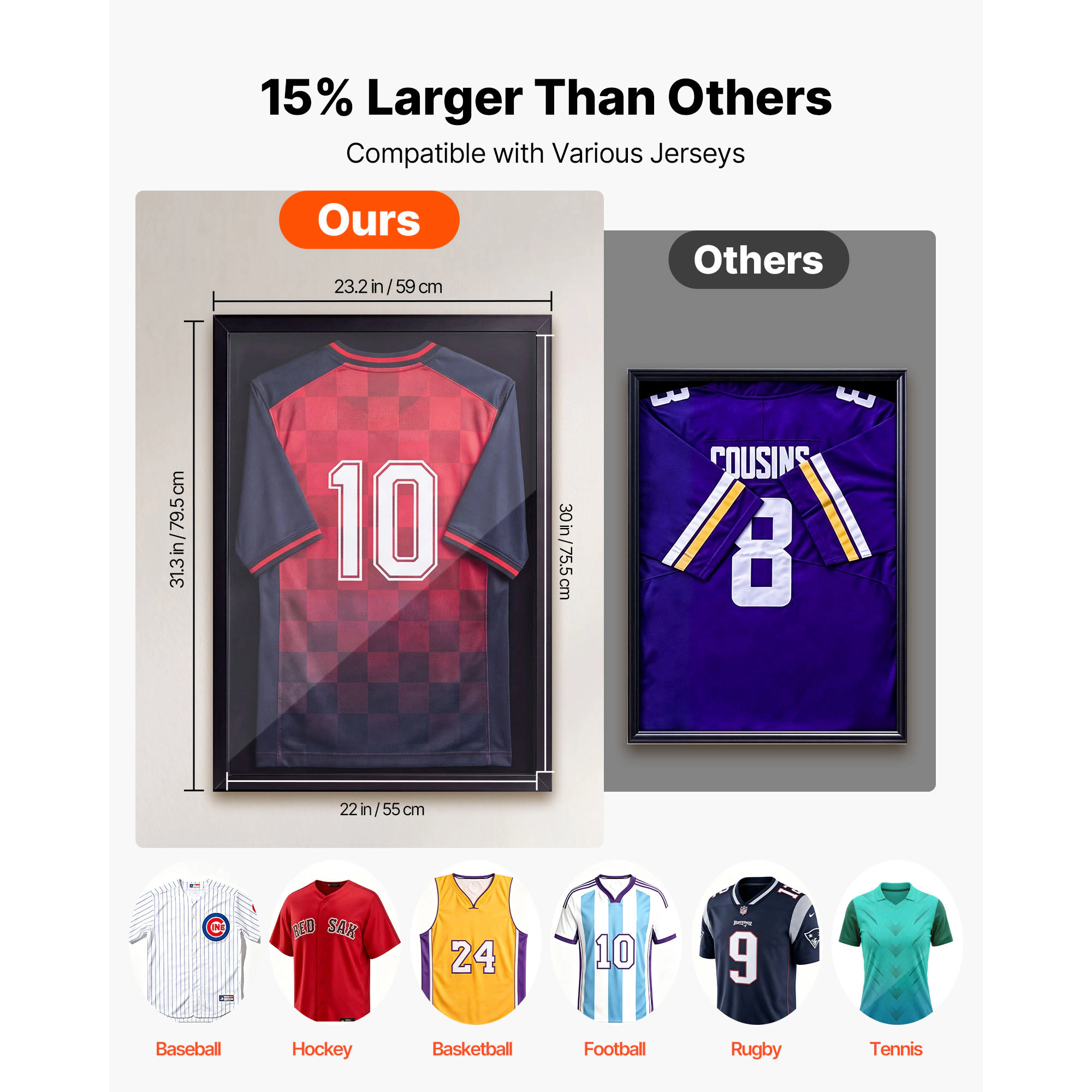 HONGGE Jersey Frame Display Case Wooden Sport Jersey Shadow Box with 98% UV Protection PC Panel and Hanger Magnetic