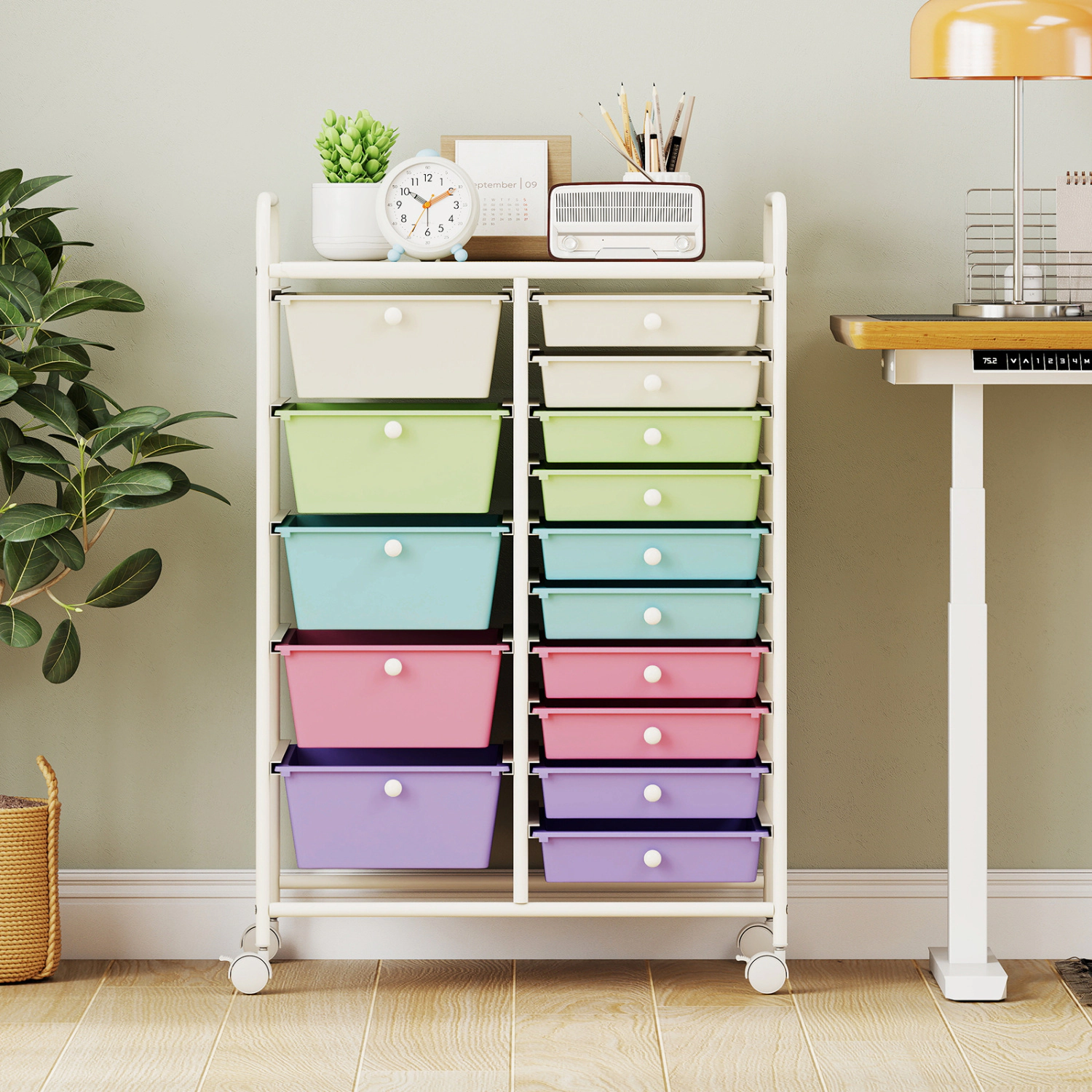 SUGIFT 15-Drawer Utility Rolling Cart with Removable Drawers 22-lb Top Capacity Icecream Multicolor