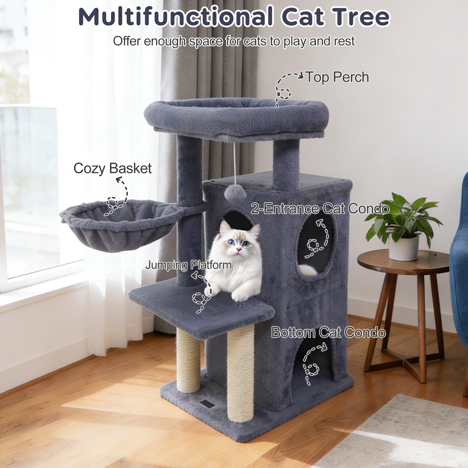 SUGIFT 33.5-in Cute 2-Tier Kitten Condo Tower Cat Tree with Padded Top Perch and Basket 22-lb Capacity Dark Gray