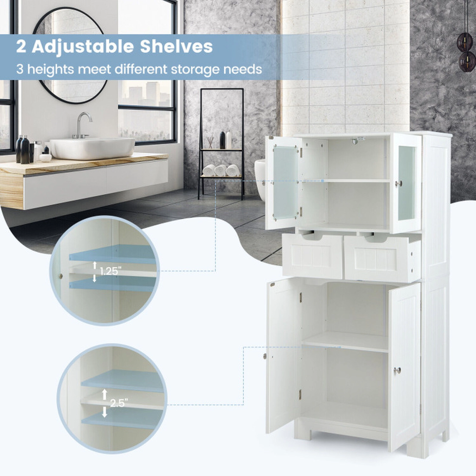 SUGIFT 3-Tier Free-Standing Bathroom Cabinet with 2 Drawers and Tempered Glass Doors 33-lb Shelf Capacity White