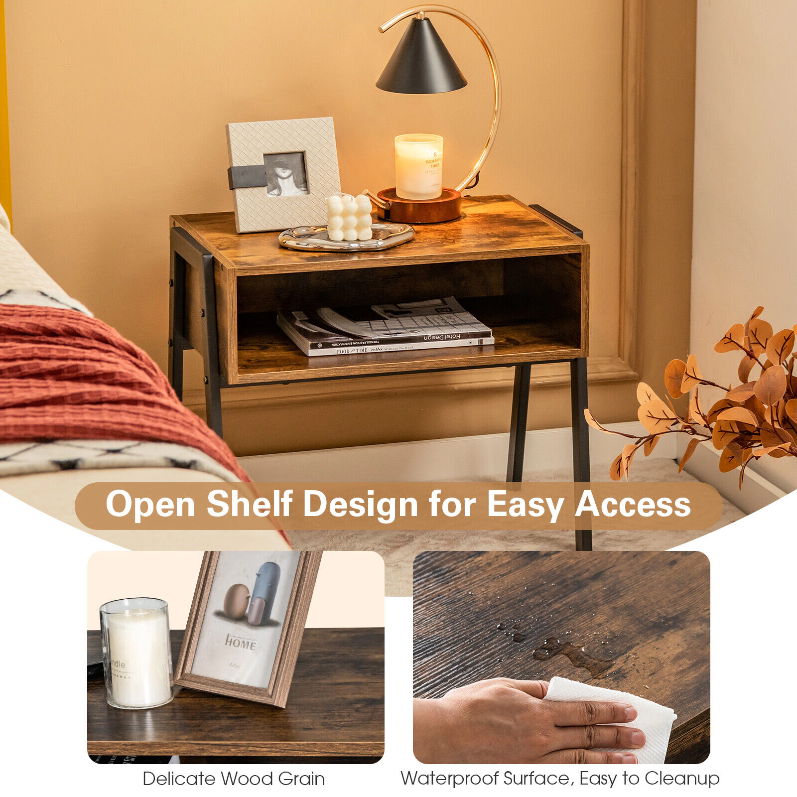Hivvago Stackable Night Stand Shelf Accent Table with Metal Frame