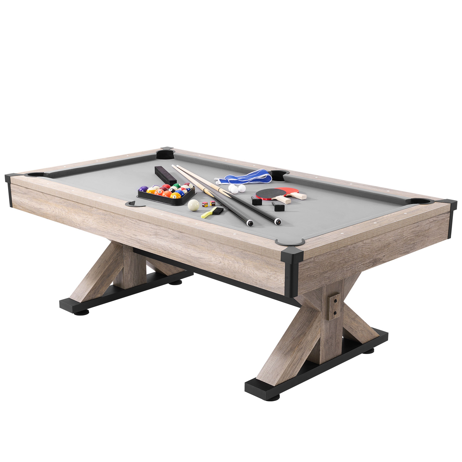 HONGGE 7 FT 3-in-1 Billiards, Dining & Table Tennis Combo Table with Accessories, Wood Color