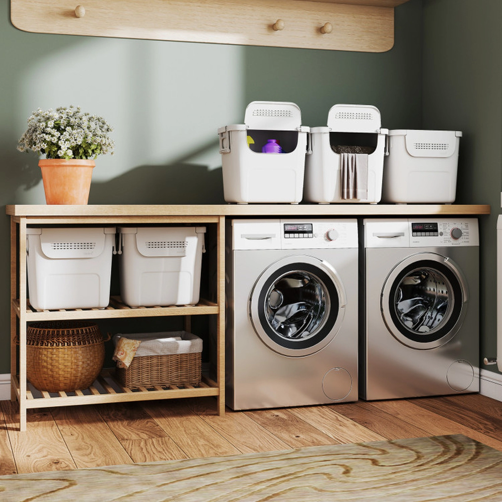 SUGIFT 3-Pack White 32-qt Stackable Storage Bins with Lids Front Flap Door and Handles for Closet