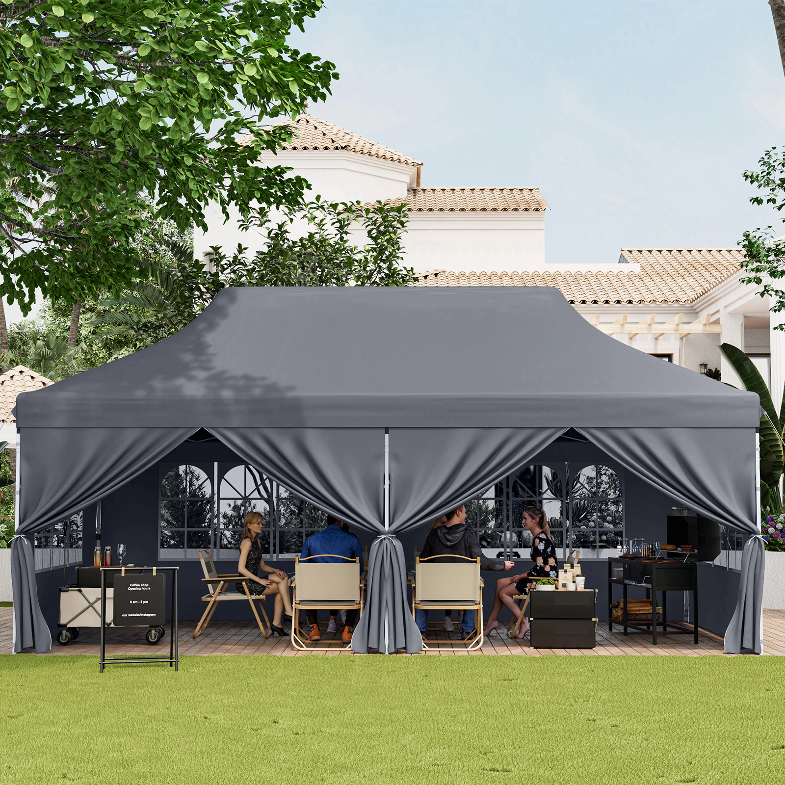 SUGIFT Gray 10-ft by 20-ft 3-Level UPF50+ 210D Oxford Pop Up Canopy Tent with 6 Sidewalls and Windows