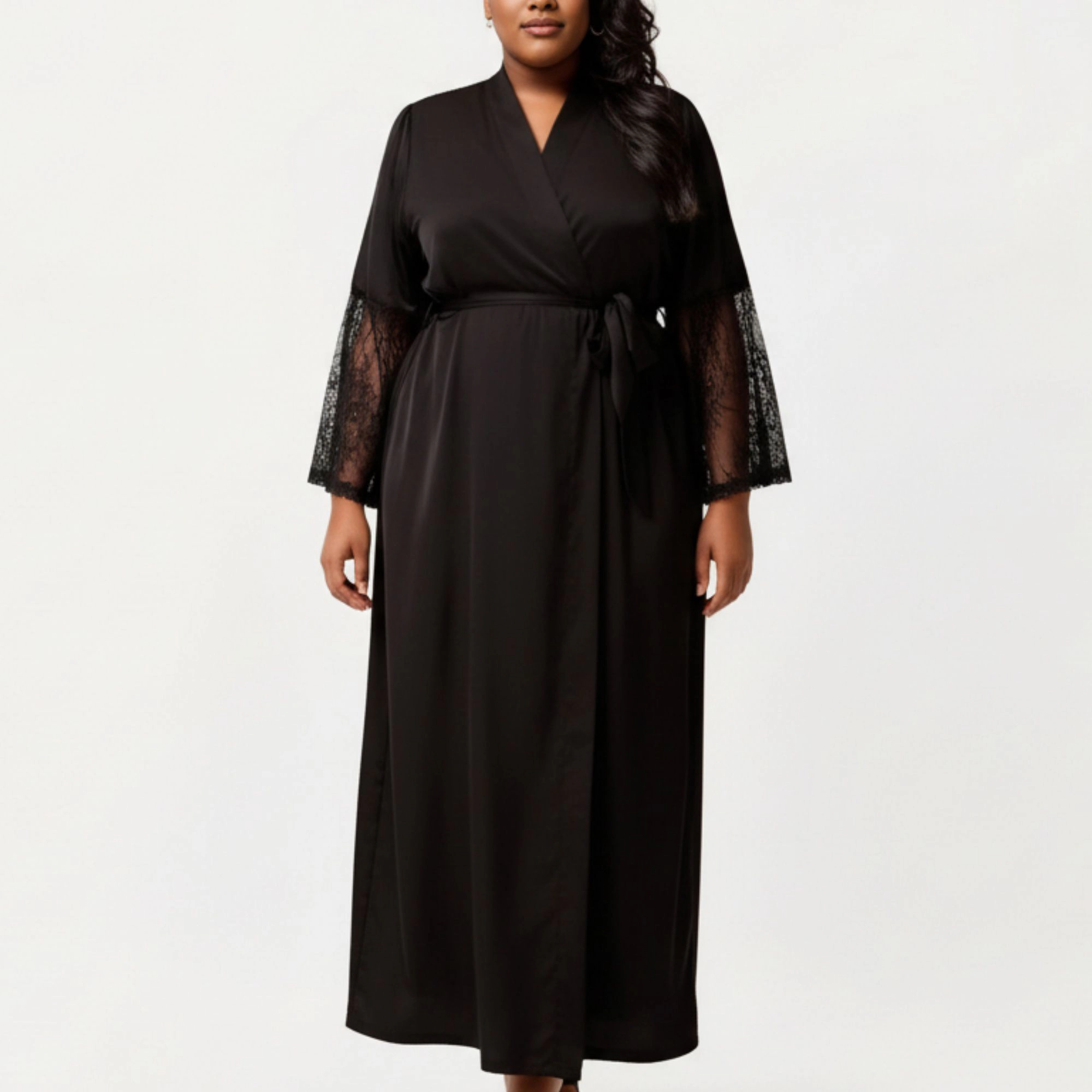 Anna-Kaci Women's Plus Long Satin Robe Sheer Lace Sleeve Panels and Adjustable Tie Waist for a Flowing Silhouette