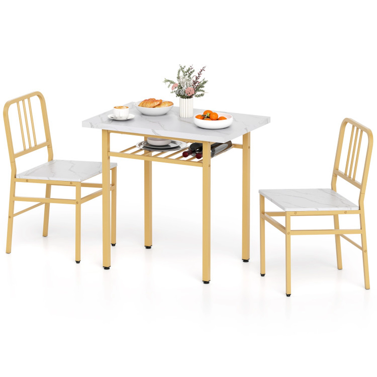 SUGIFT 3-Piece Rectangular Dining Table Set with Storage Shelf and 2 Chairs 200/330-lb Capacity White + Gold