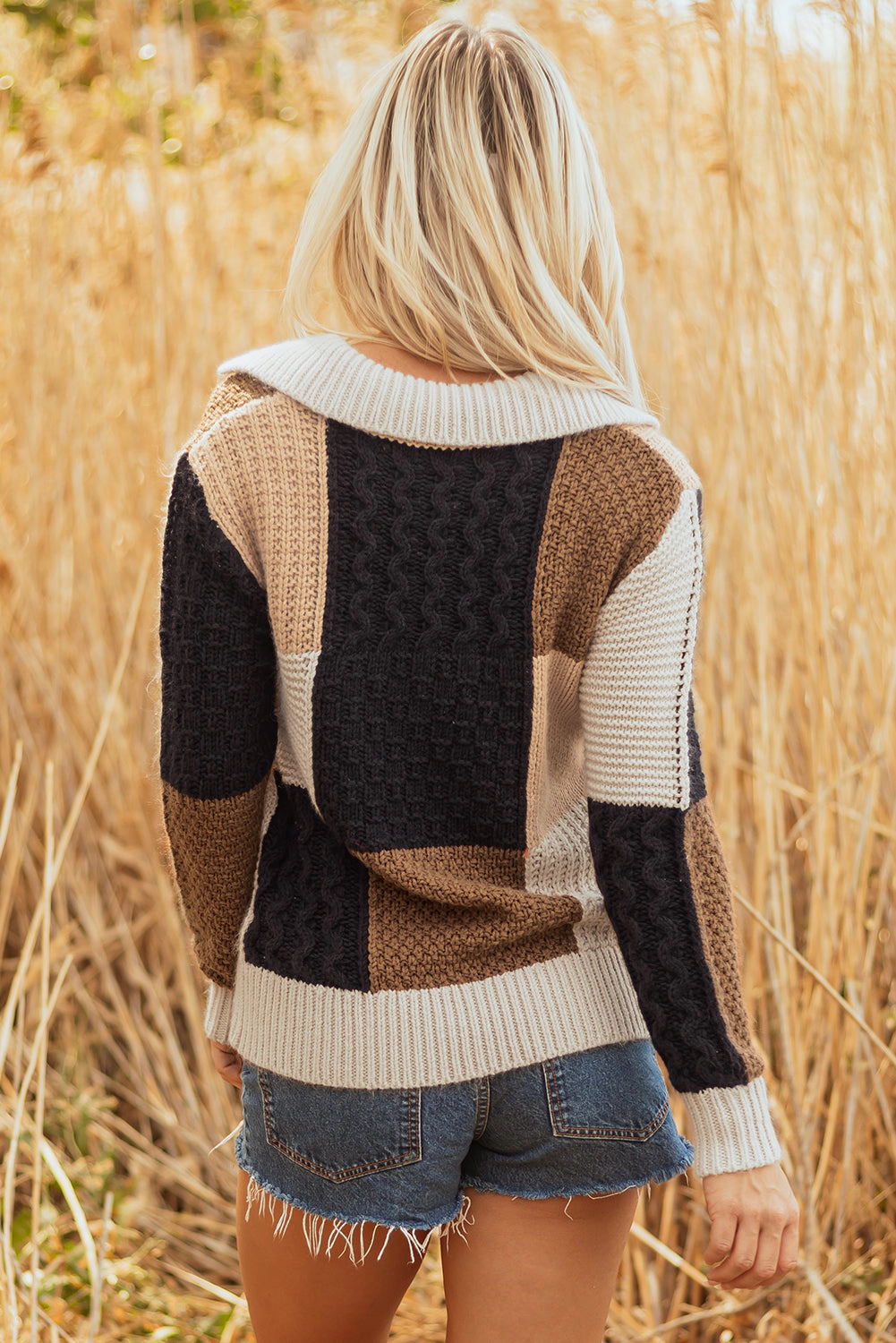 Threaded Pear Women's Paige Cable Knit Sleeve Buttons Collared Sweater
