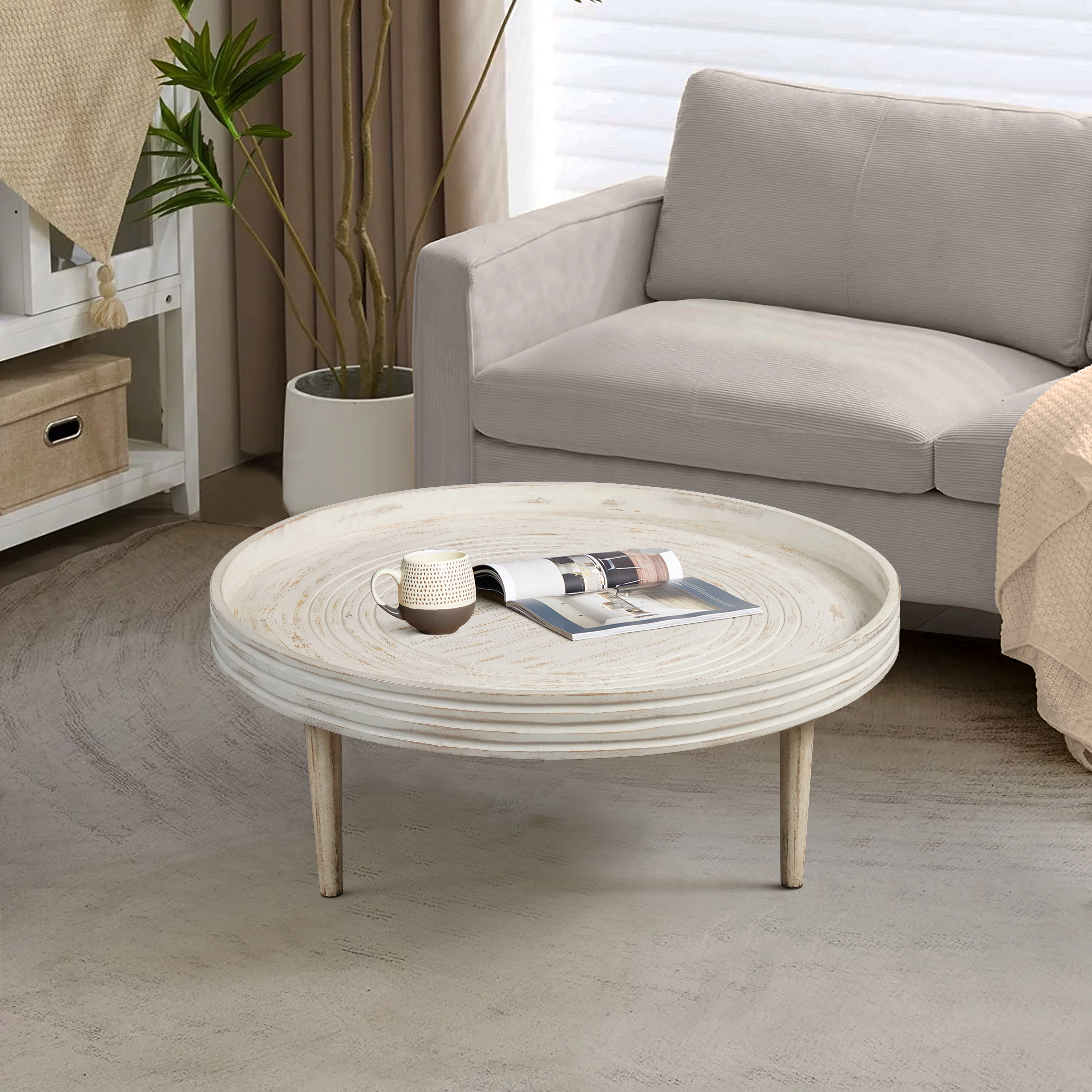 The Urban Port 33 Inch Coffee Table, Solid Mango Wood, Handcrafted Round Grooved Raised Edge, Distressed White