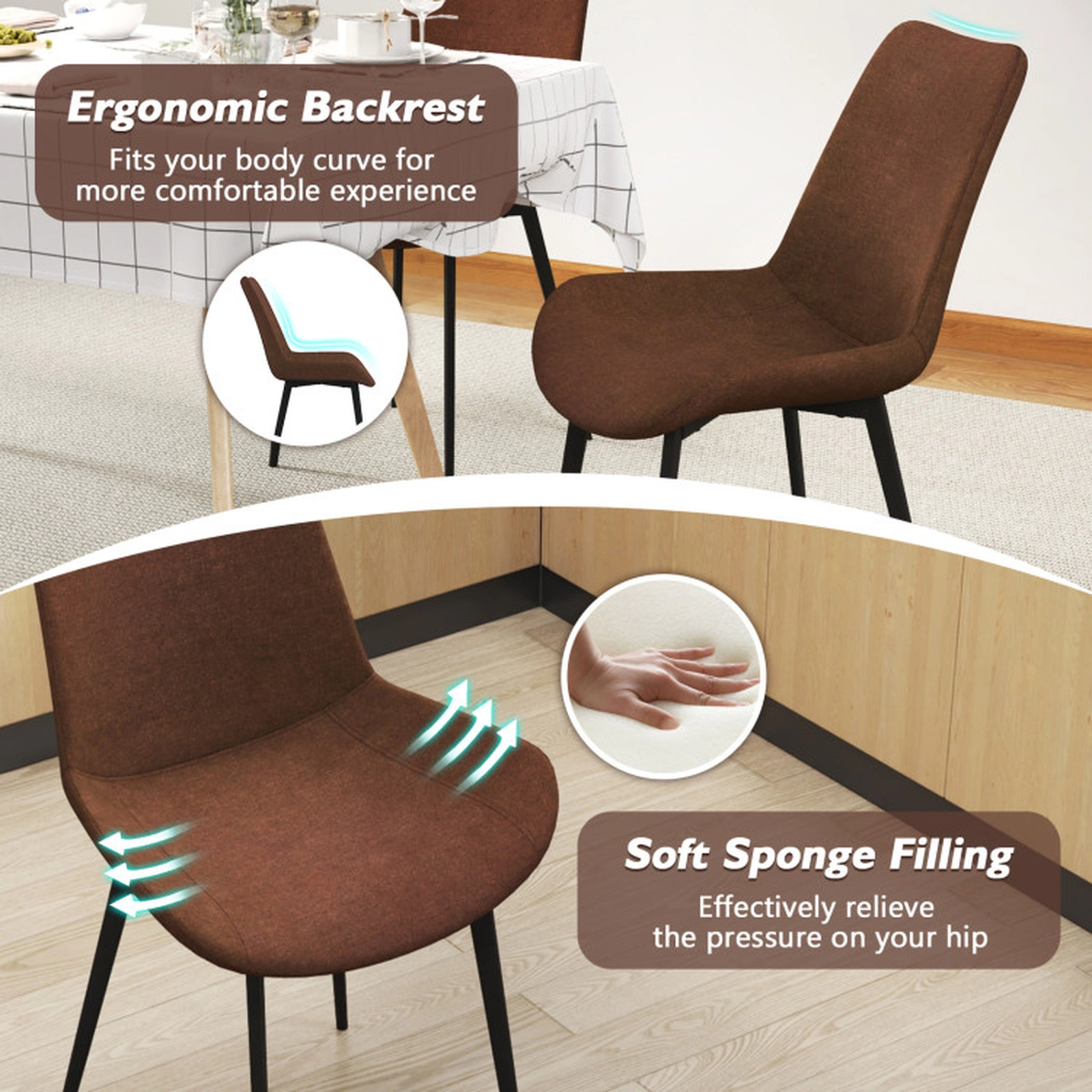 SUGIFT Set of 4 330-lb Capacity Brown Faux Linen Upholstered Dining Chairs with Metal Legs and Padded Back