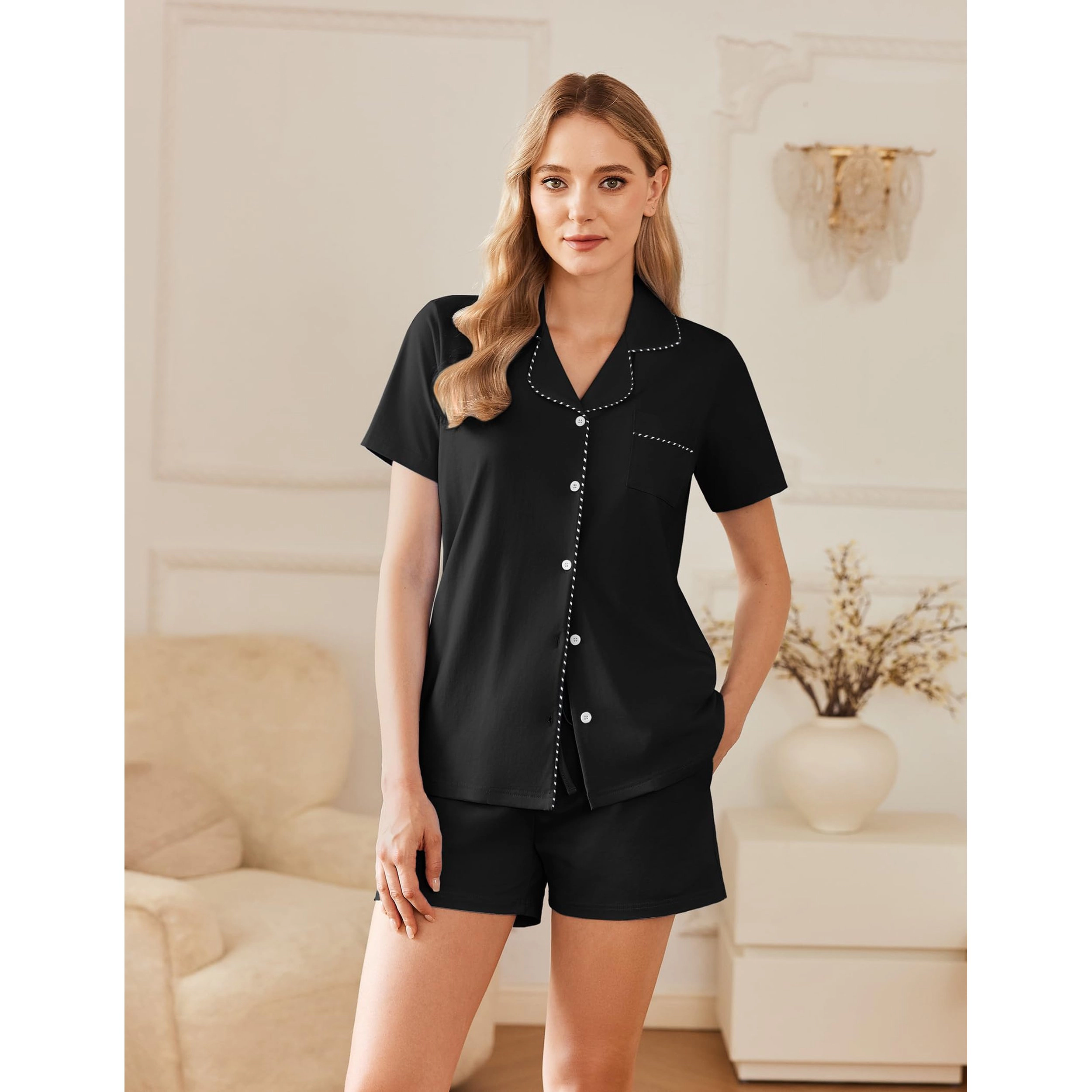Ekouaer Pajamas for Women Set Button Down Pjs Lounge Sets Short Sleeve Sleepwear Soft Loungewear