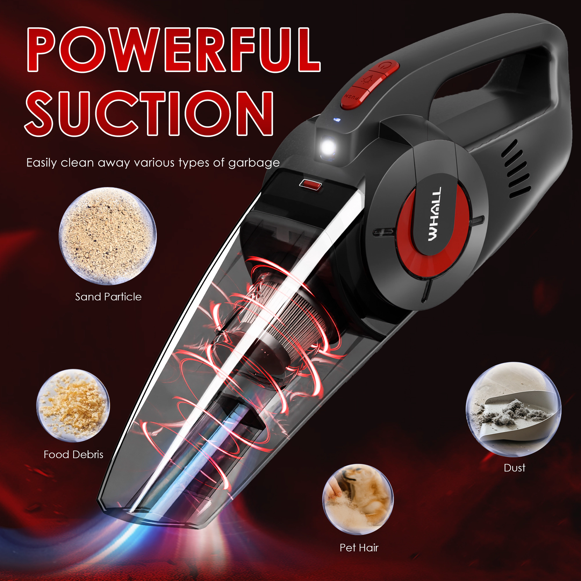 WHALL - Cordless Handheld Car Vacuum, 9KPa Strong Suction, Wet/Dry Use, Rechargeable Portable Cleaner with LED Light