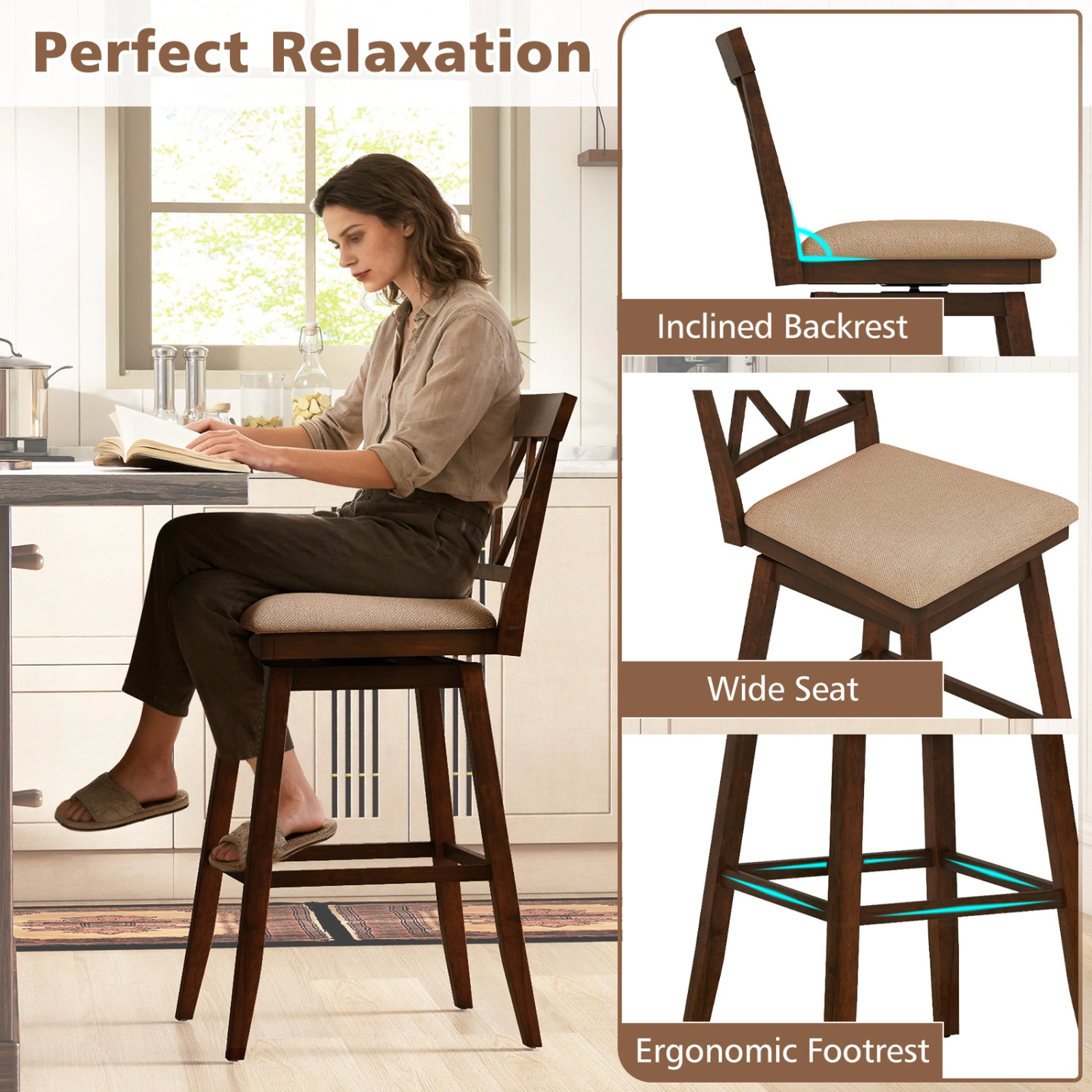SUGIFT 24-In Counter Height Swivel Bar Stools Set of 4 with Backrest and Upholstered Seat 330-lb Capacity Oak/White