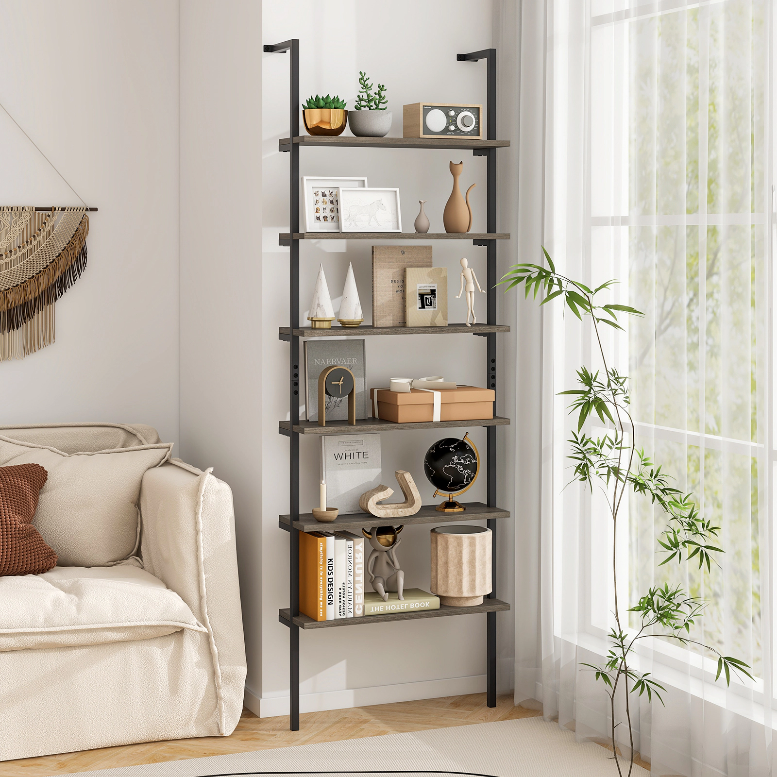 SlickBlue 6 Tier Wall Mounted Ladder Bookshelf with Metal Frame