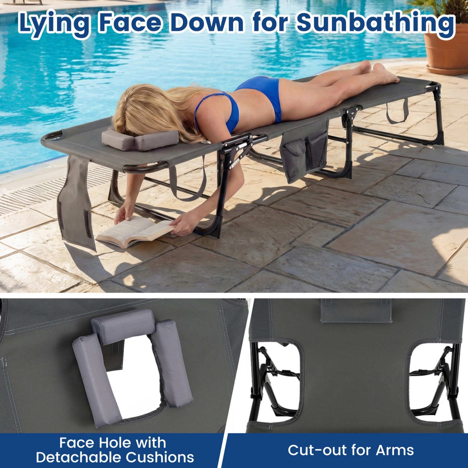 Sunbathing Chair with Face and Arm Holes Folding Beach Lounge Chair with Removable Pillow Side Pockets Gray