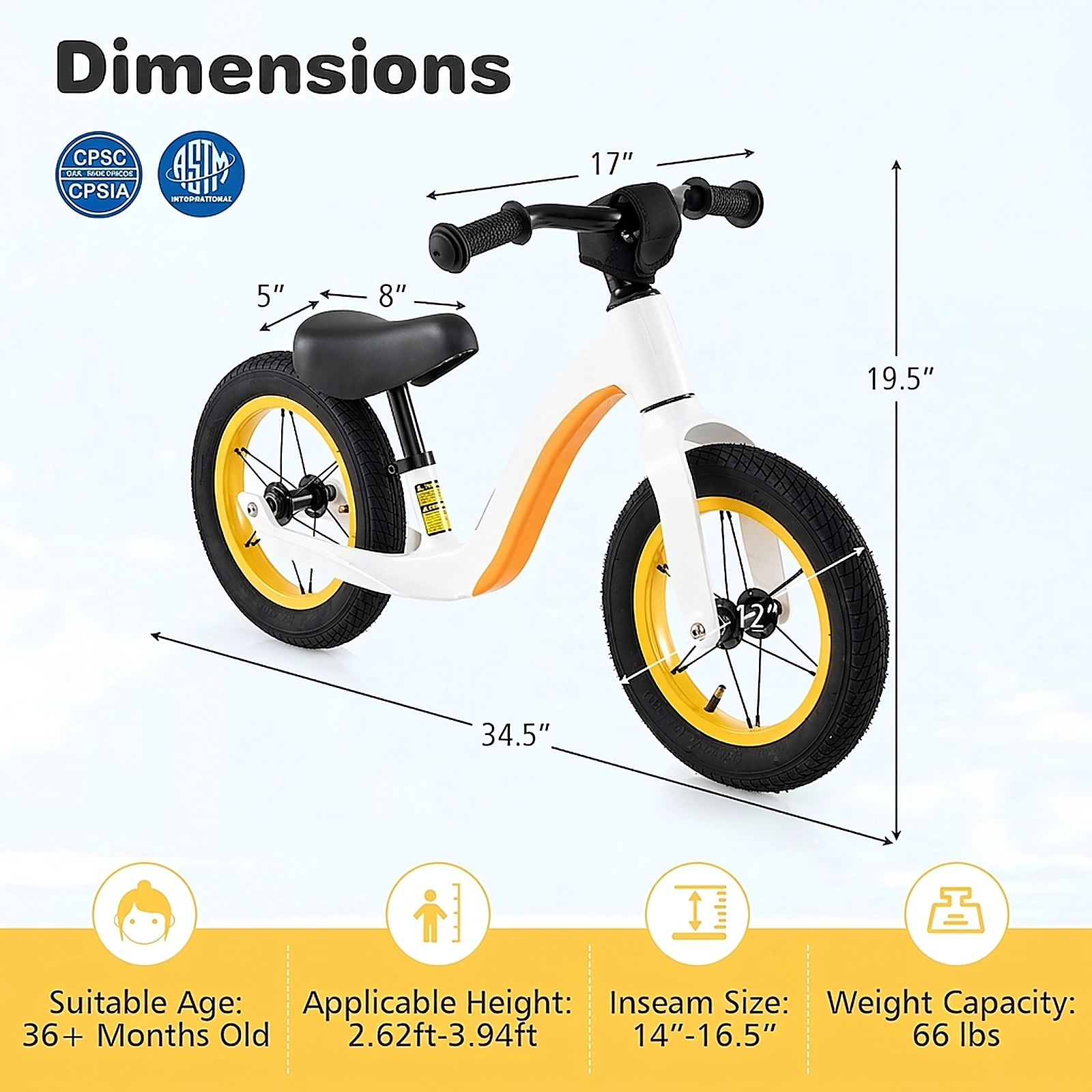 SUGIFT 12-Inch Balance Bike with Adjustable Seat and Rotatable Handlebar 66-lb Capacity Ages 36+ Months White
