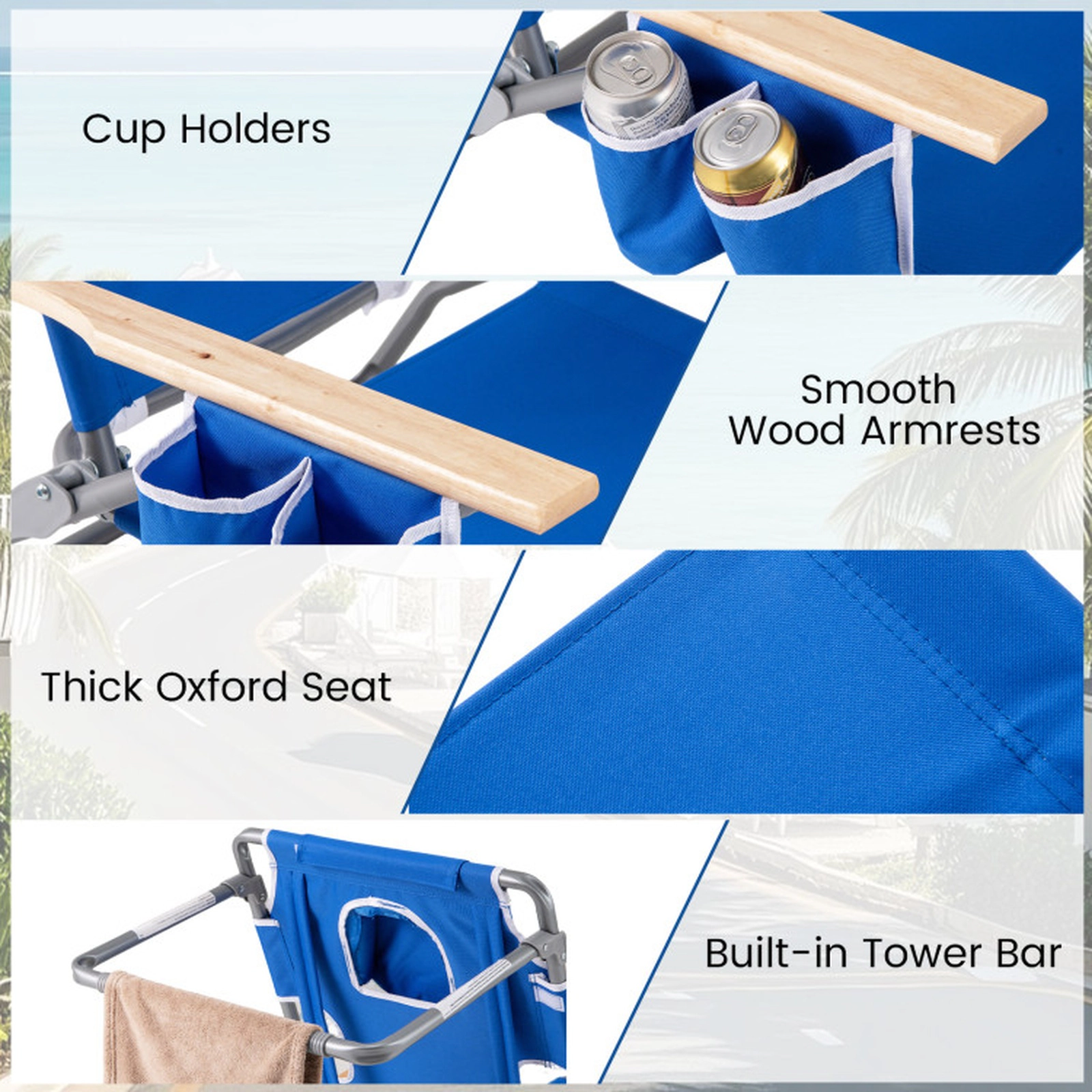 SUGIFT 3-in-1 Foldable Beach Chair with Adjustable Backrest and Footrest 330-lb Capacity Navy