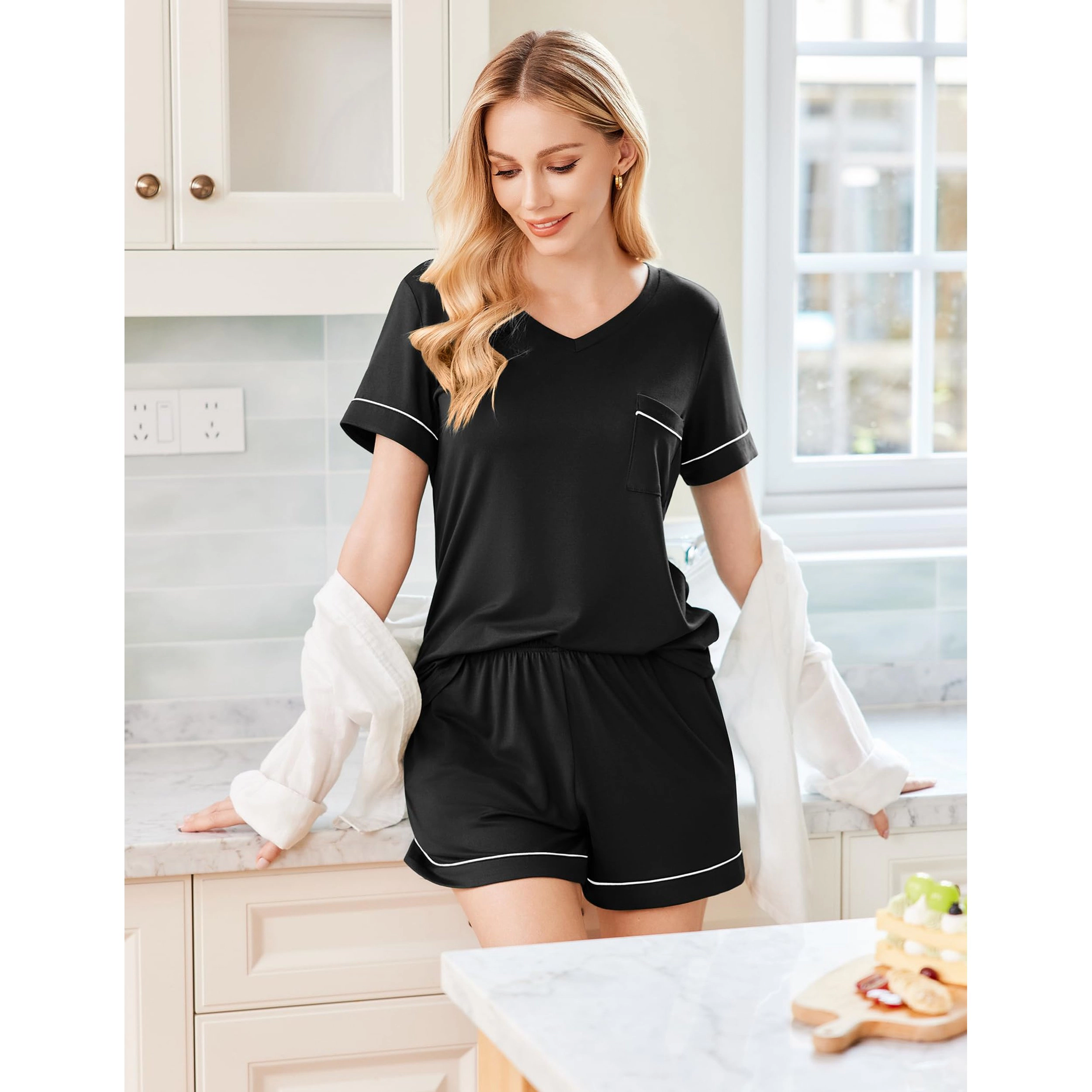 Ekouaer Pajamas Set for Women 2 Piece Sleepwear Short Sleeve Top and Shorts Soft V Neck Pjs Lounge