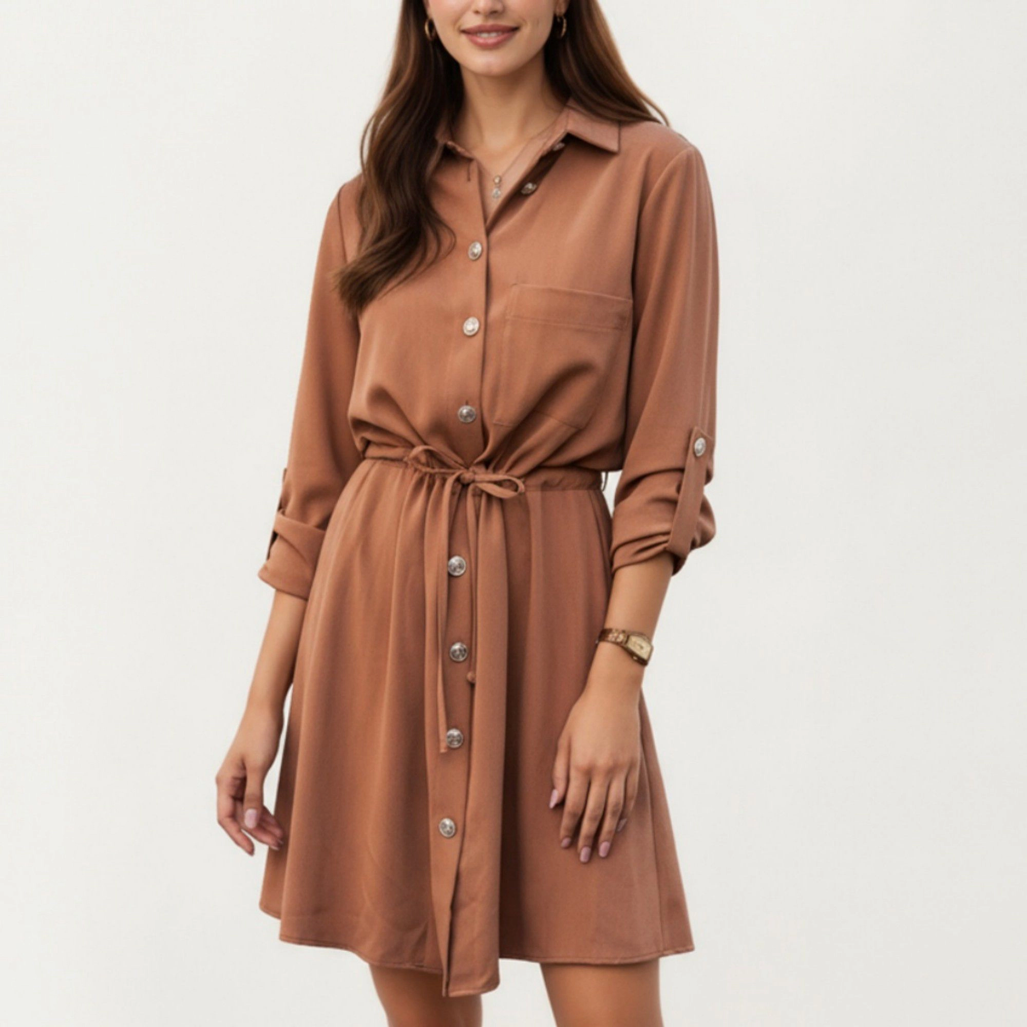 Anna-Kaci Women's Button Front Adjustable Sleeves Soft Drawstring Waist Relaxed Flowing Silhouette Shirt Dress