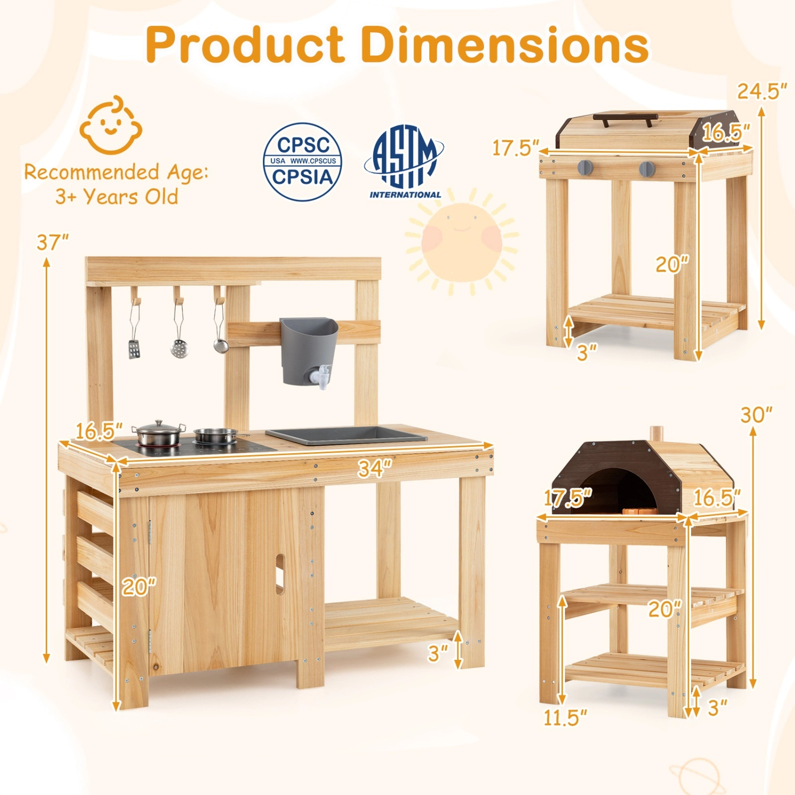 3-Piece Kids Outdoor Mud Kitchen Set with BBQ Grill Pizza Oven and Play Food 34-in x 16.5-in x 37-in Fir Wood