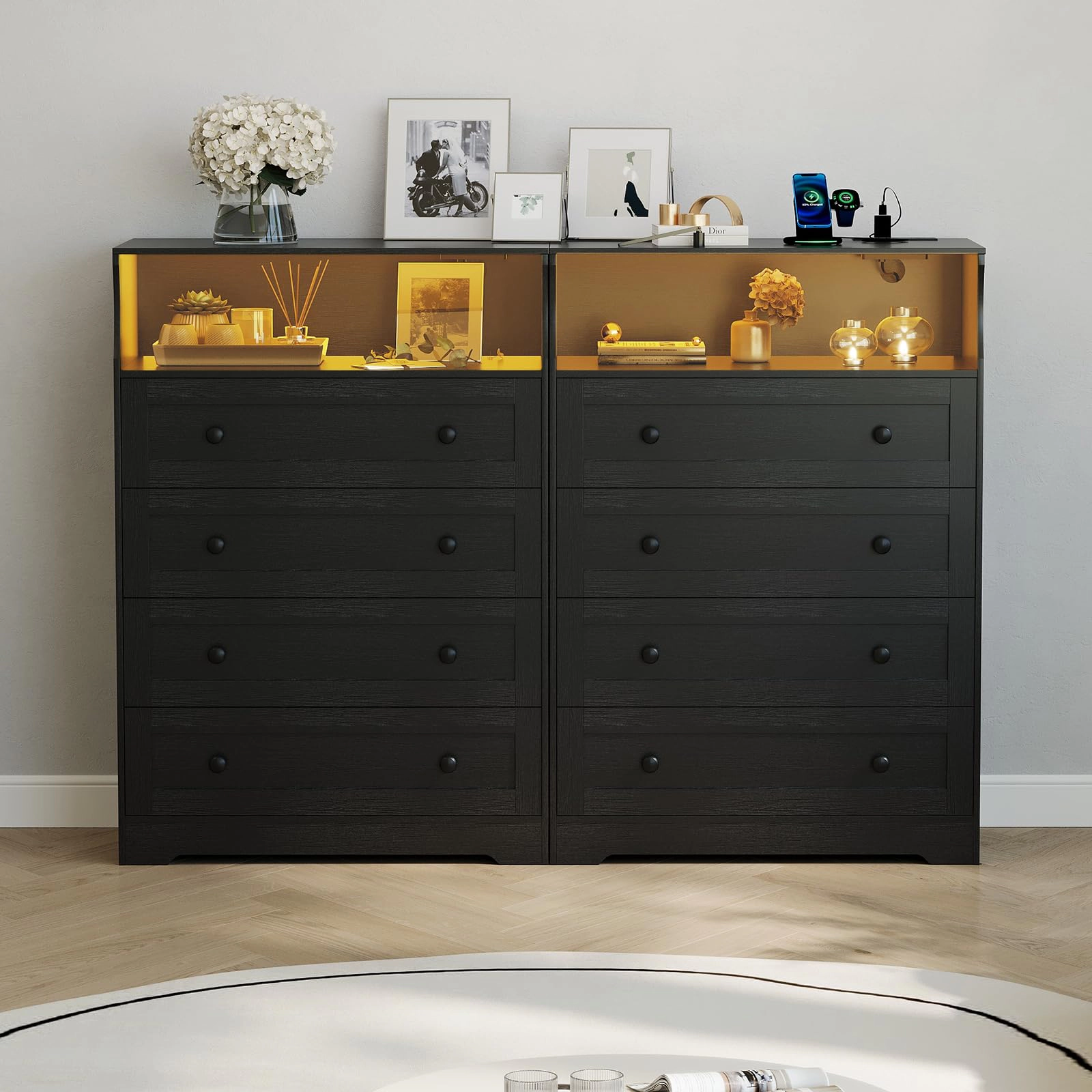 45.2" Tall 4 Drawer Dresser with LED Shelf & Charging Station, Wood Storage Chest