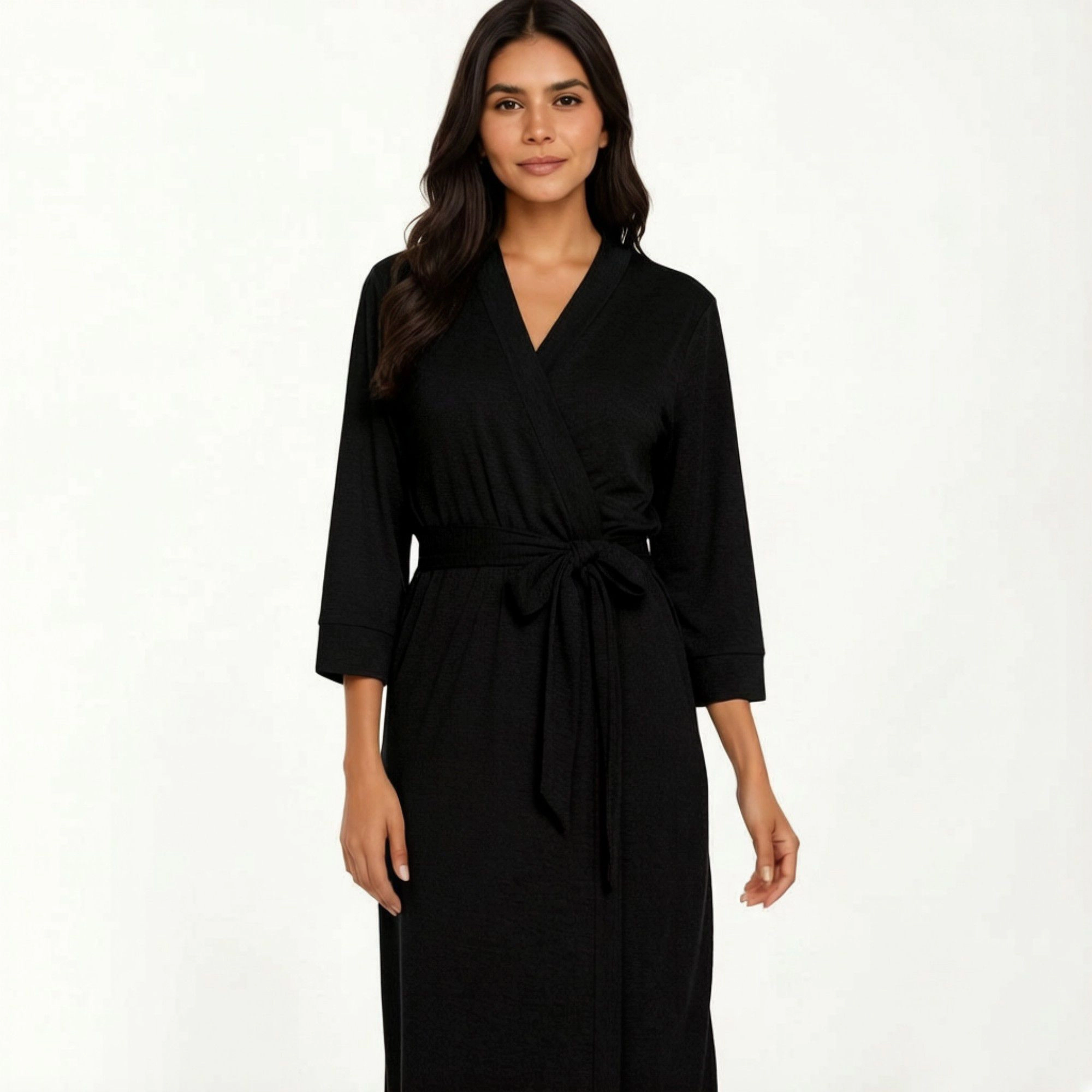 Anna-Kaci Women's Long Lightweight Robe with Shawl Collar Tie Waist Belt Front Pockets Soft Knit