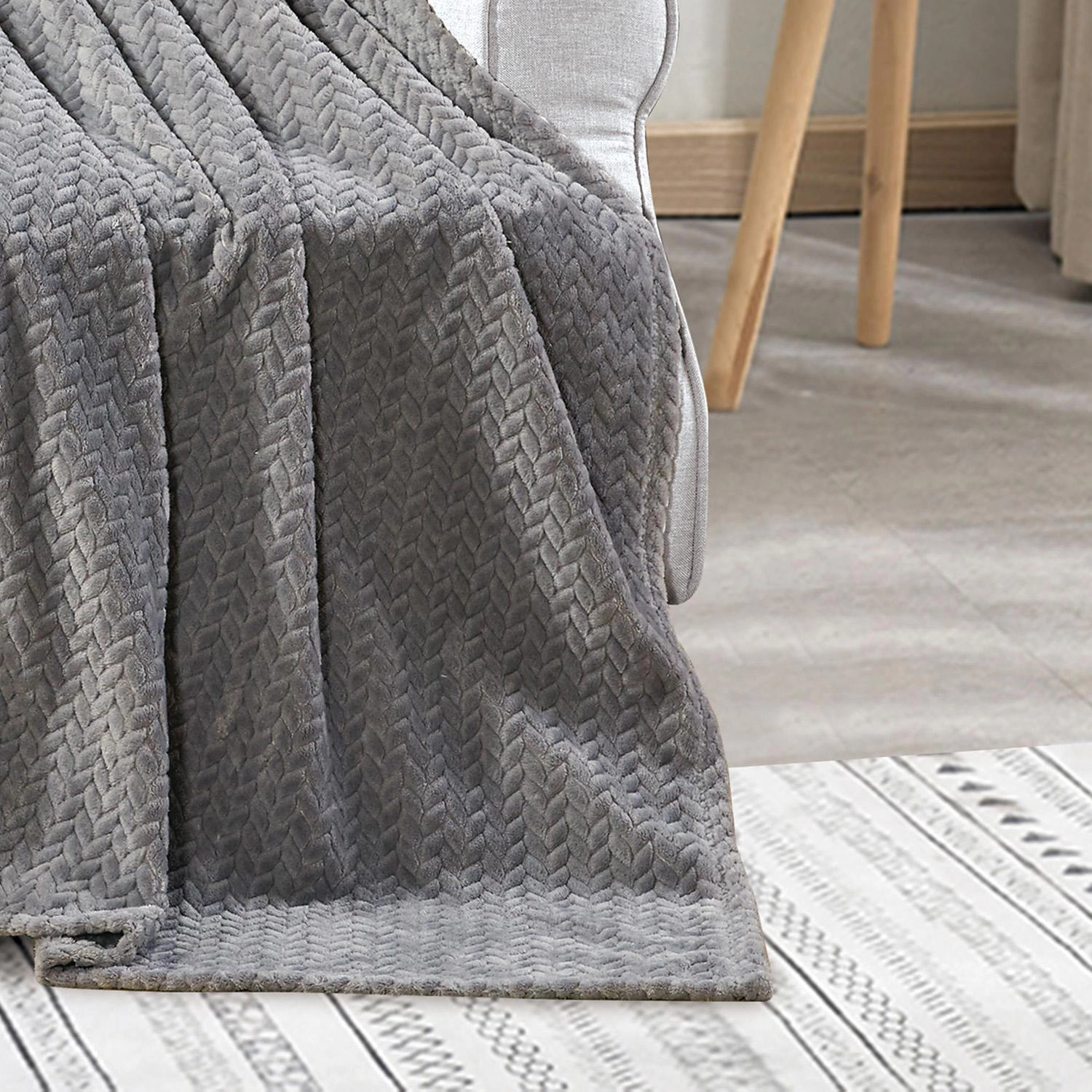 Plazatex Chevron Plush Decorative Throw Blanket Soft All Season 50 x 70 Grey