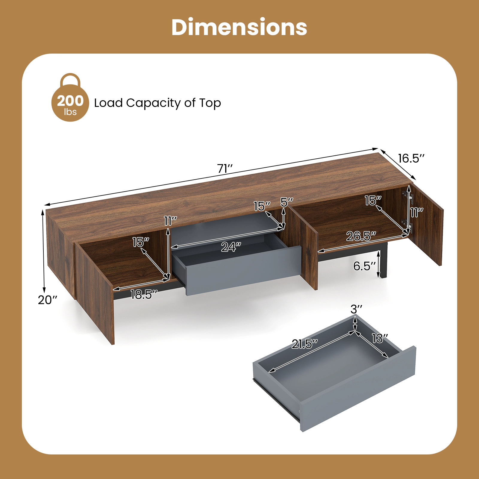Glintex 71-Inch Mid-Century TV Cabinet with 3 Storage Zones and Drawer, Walnut & Grey