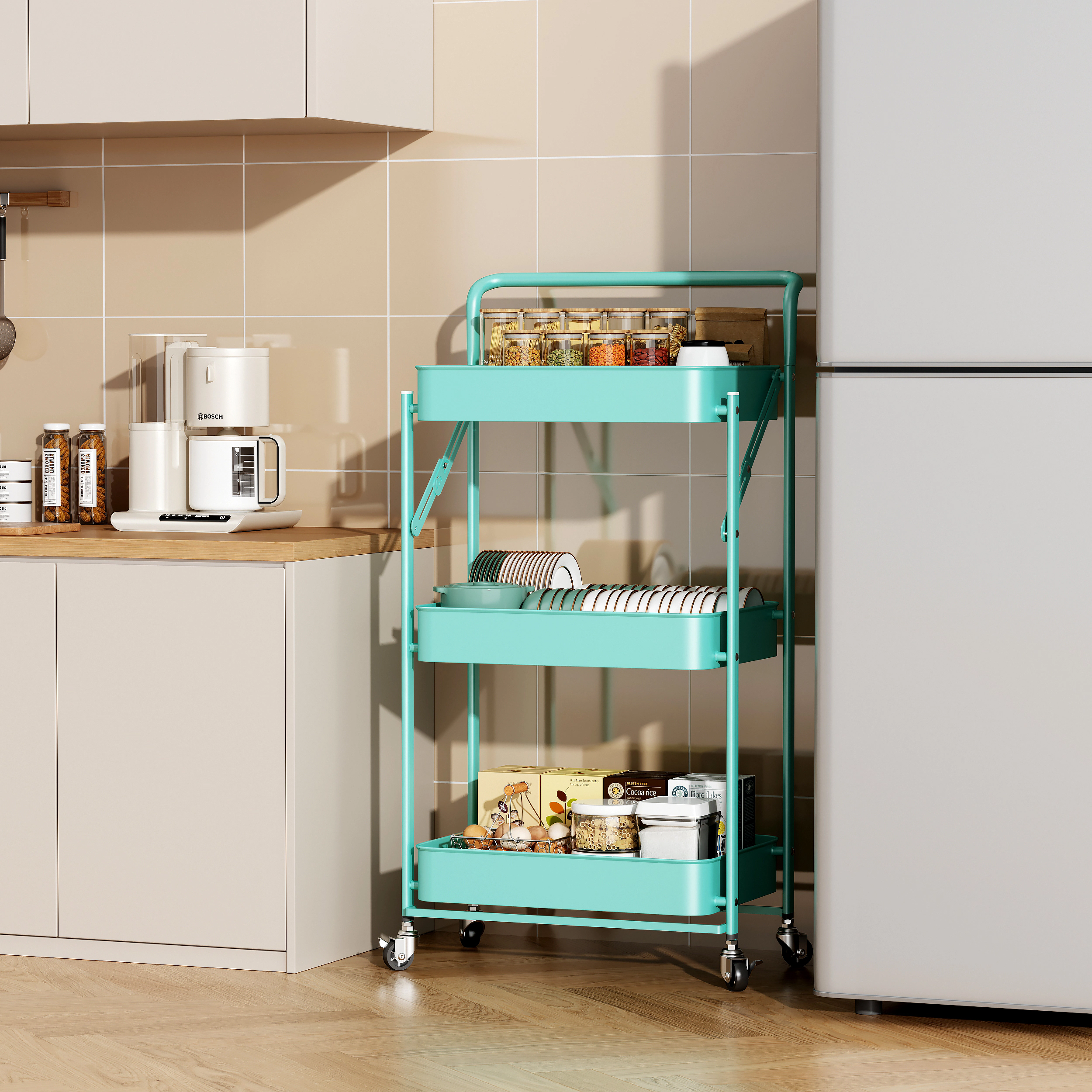 Mega Casa Foldable Rolling Cart 3-Tier Utility Storage Multifunctional Metal Bin Organizer Carts