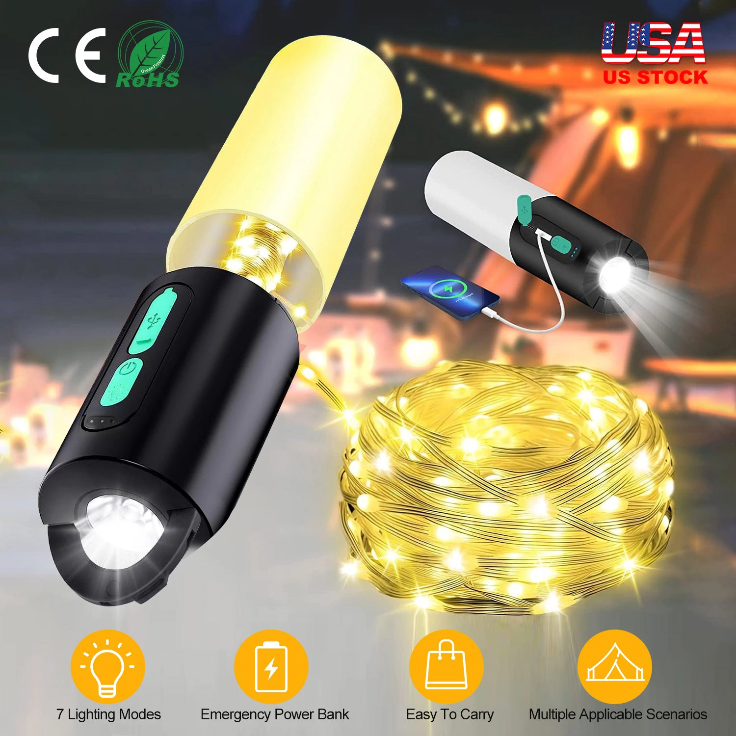 GBruno 4-in-1 Rechargeable Camping String Light